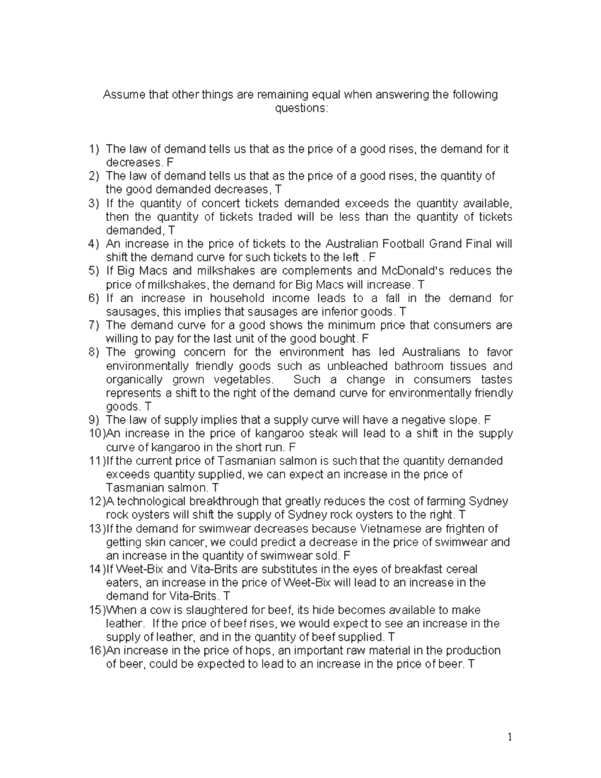 Demand Supply True False (with Answers) 20 Sentences - 1 AAssssuummee ...