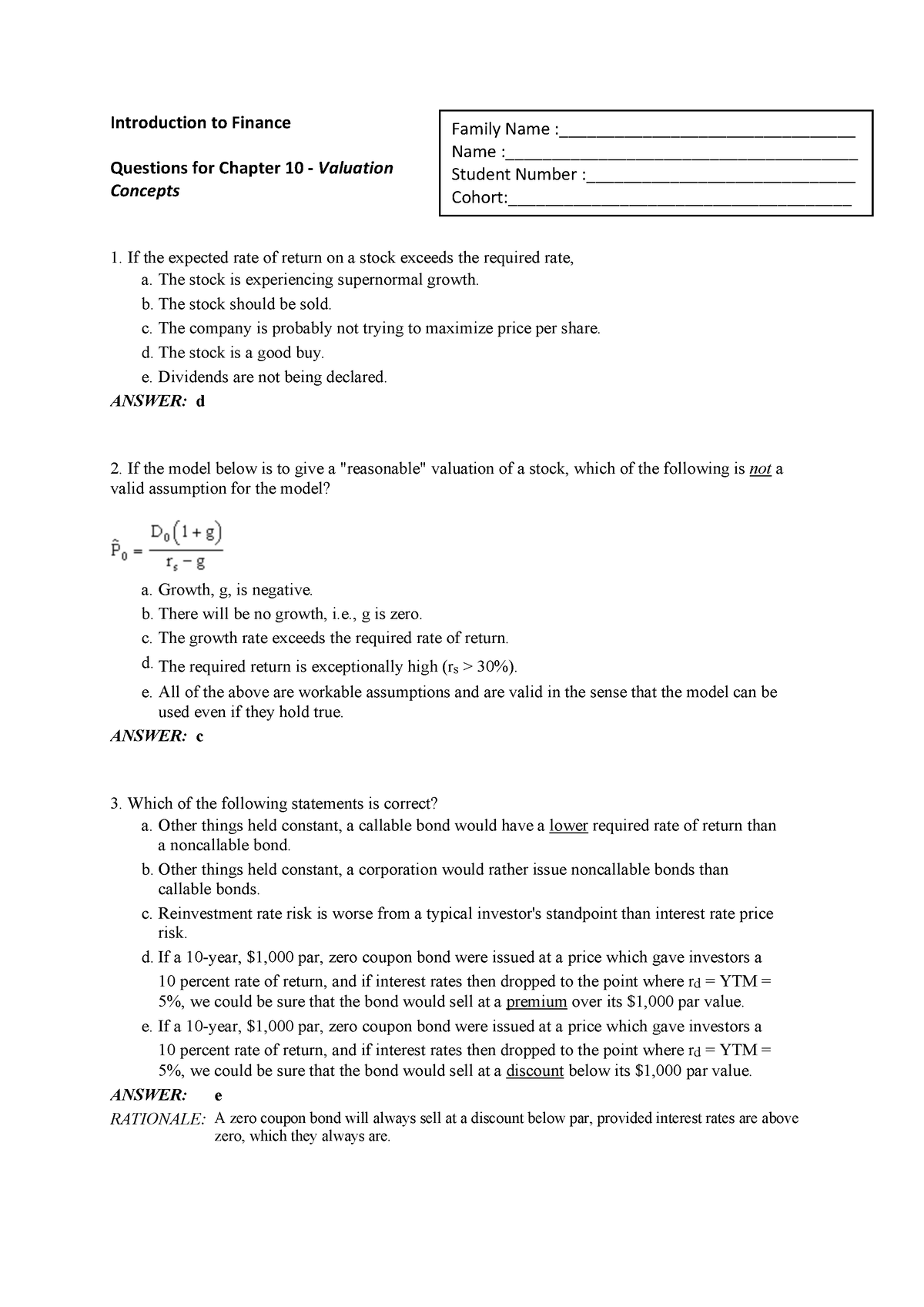 Introduction to Finance 101 - Introduction to Finance Questions for ...