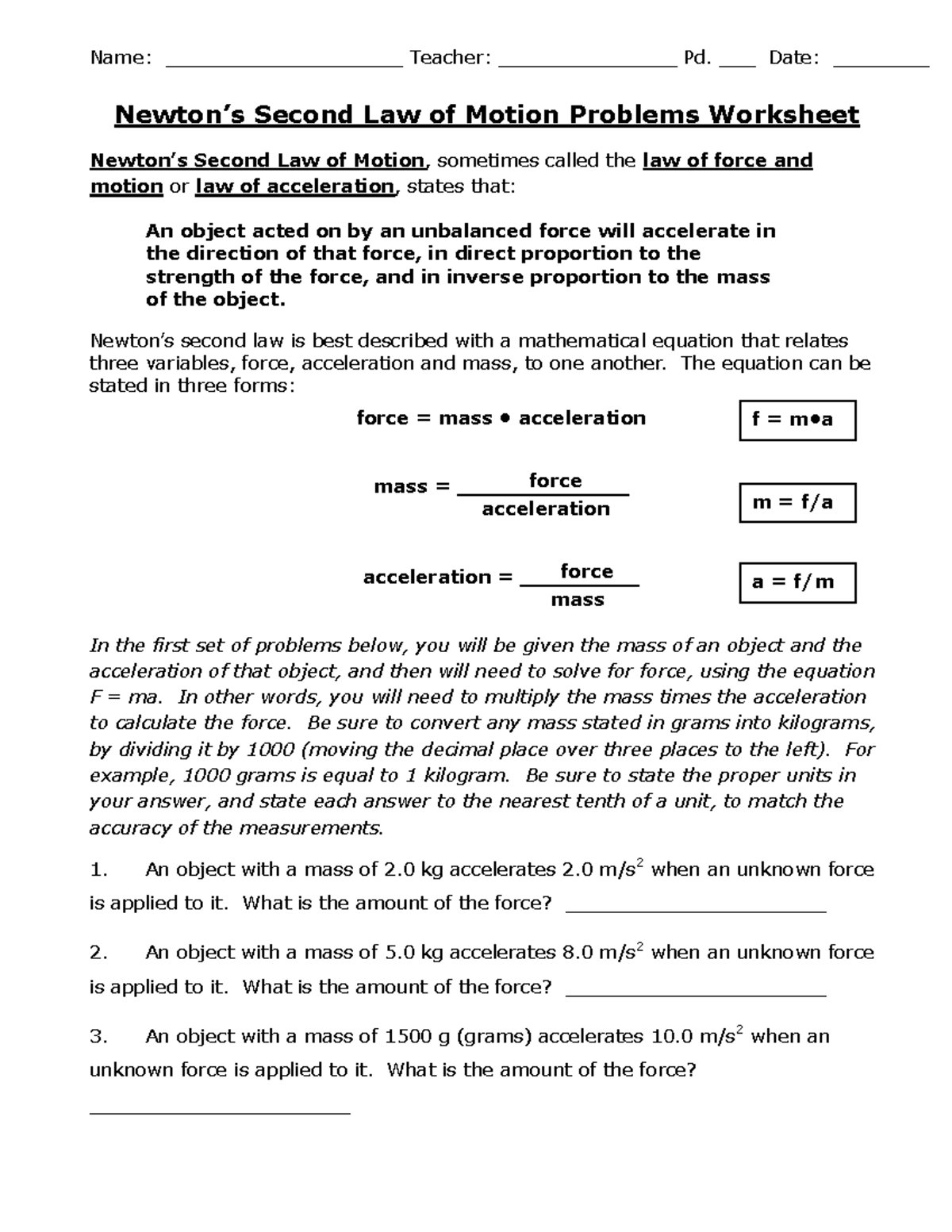 Newtons 2nd law practice - Name: ____________________ Teacher ...