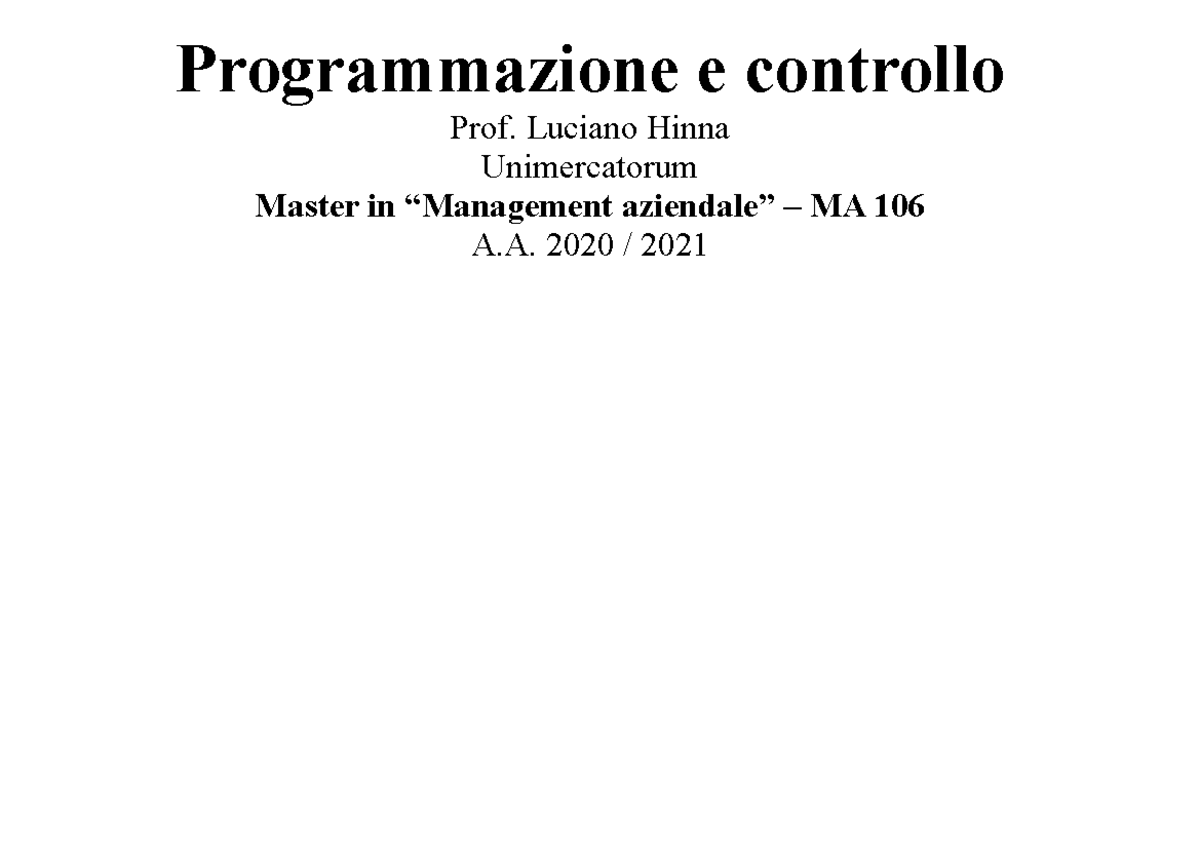 Programmazione E Controllo - UniMercatorum - Studocu