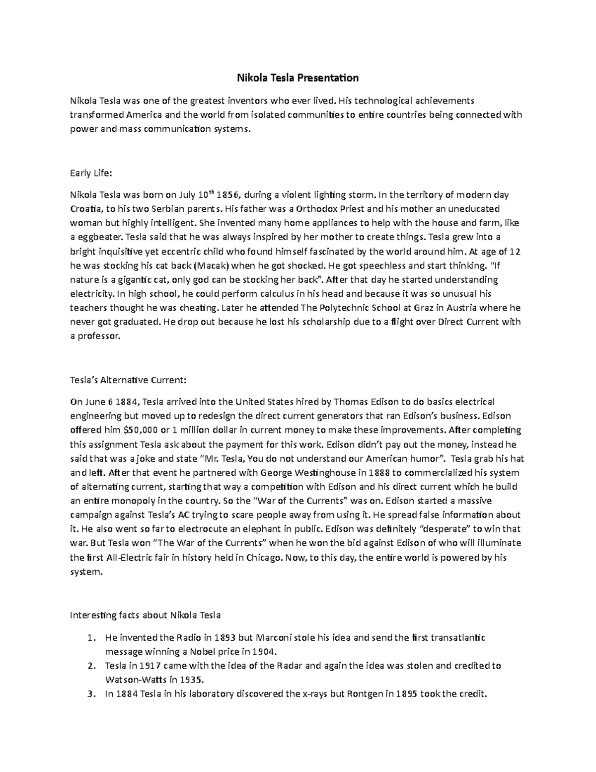 Nikola Tesla Presentation Notes - Grade A - Nikola Tesla Presentation ...