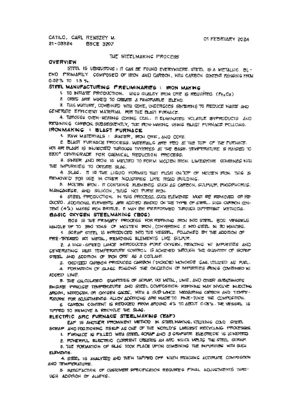 Steelmaking Process - CATILO, CARL RENSZEY wu. O1 FEBRUARY e024 BSCE ...