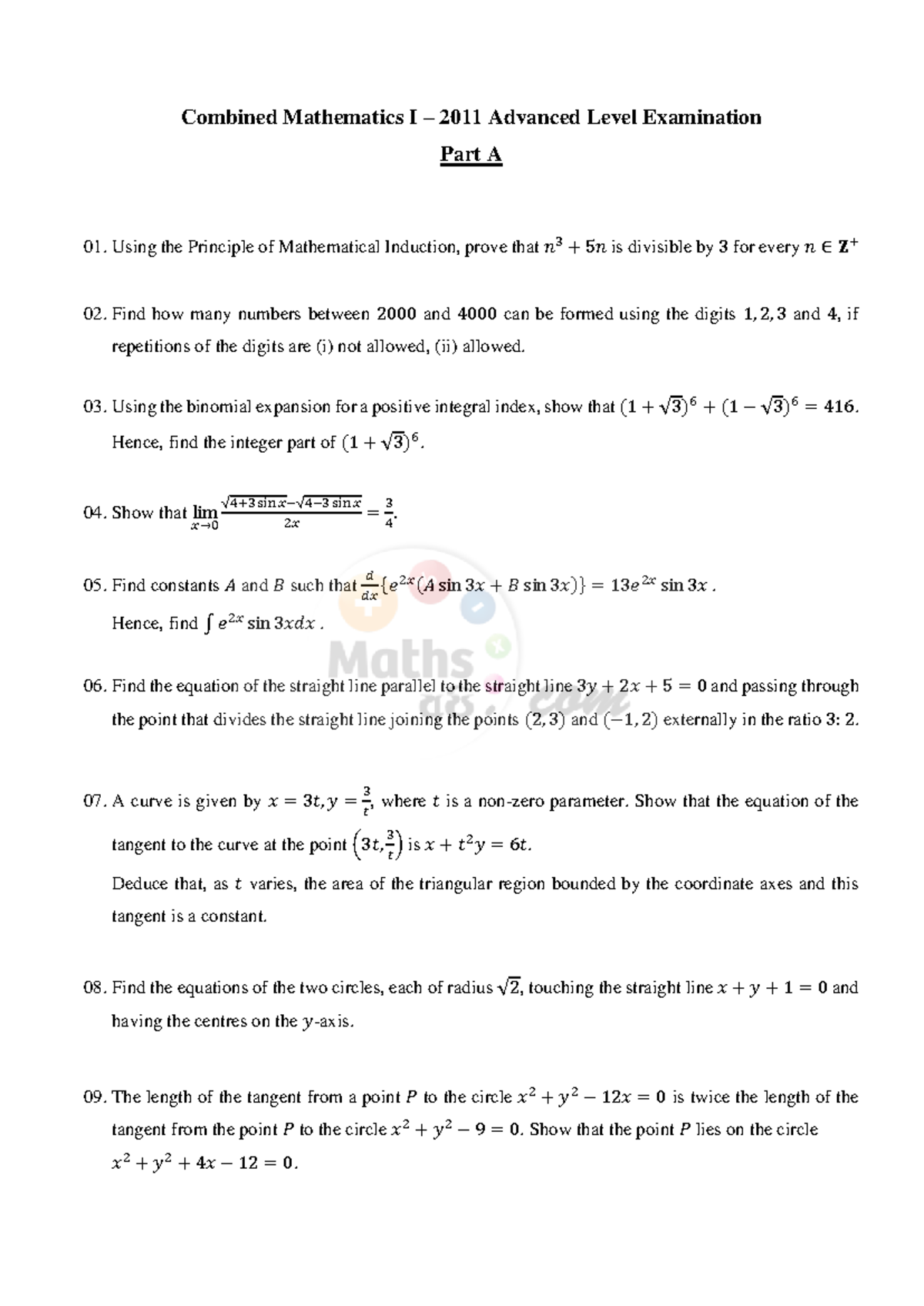Advanced Level Combined Mathematics 2011 - Combined Mathematics I ...