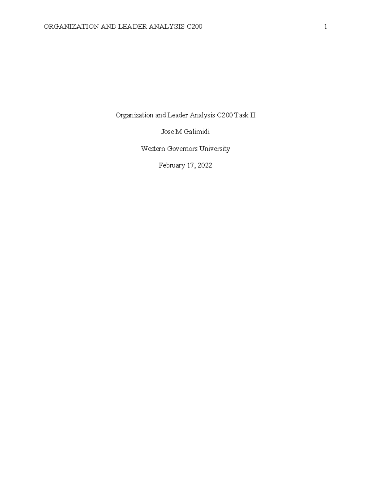 C200 Task 2 WGU - Organization and Leader Analysis C200 Task II Jose M ...