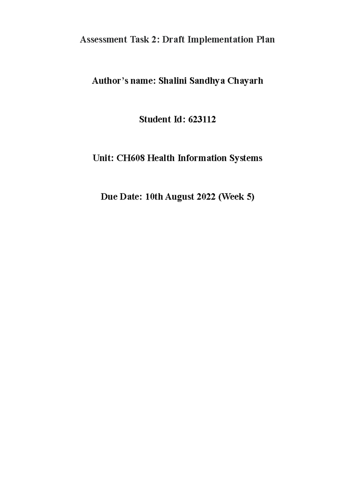 Assessment Task 2- Implementation - Assessment Task 2: Draft ...