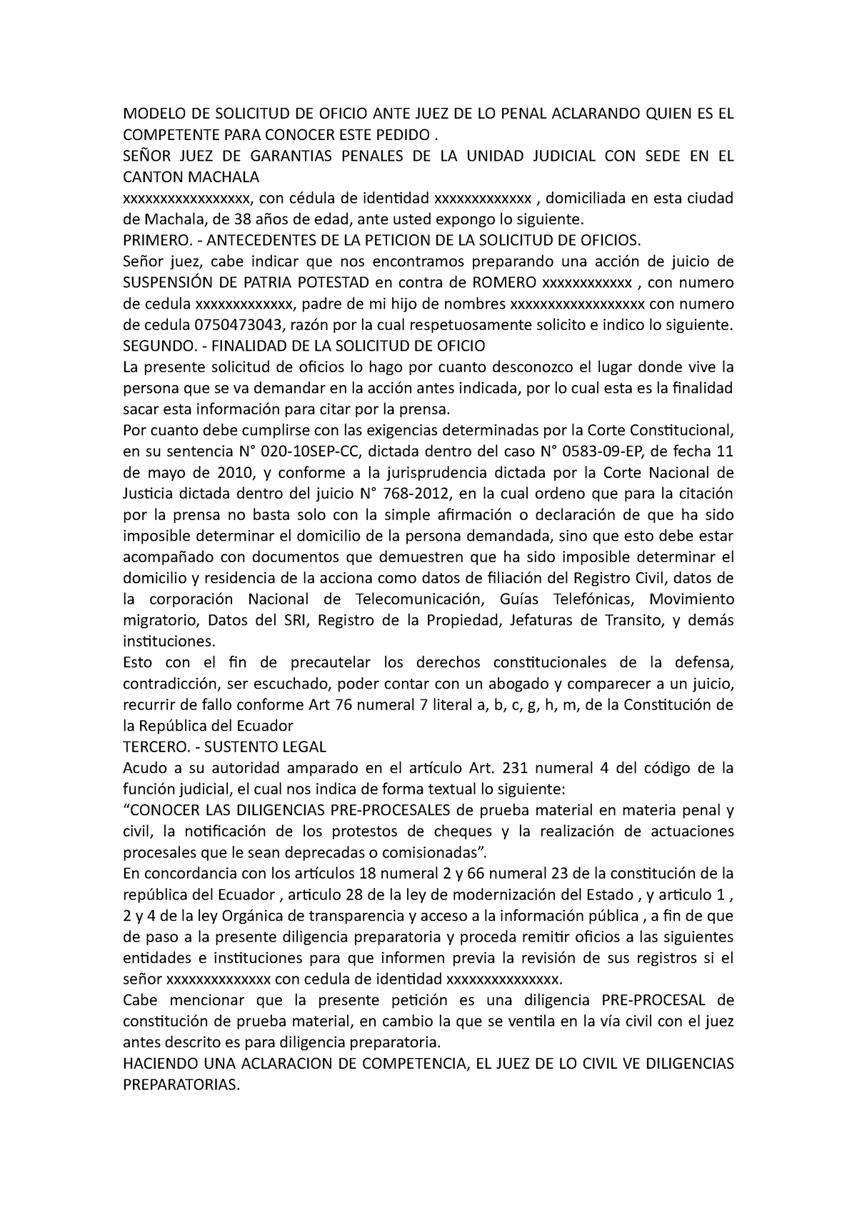 Modelo DE Solicitud DE Oficio ANTE JUEZ DE LO Penal Aclarando Quien ES EL  Competente PARA Conocer - Studocu