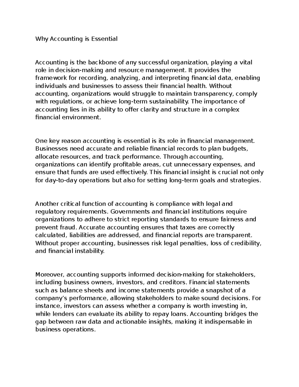 Why accounting is essential essay - Why Accounting is Essential ...