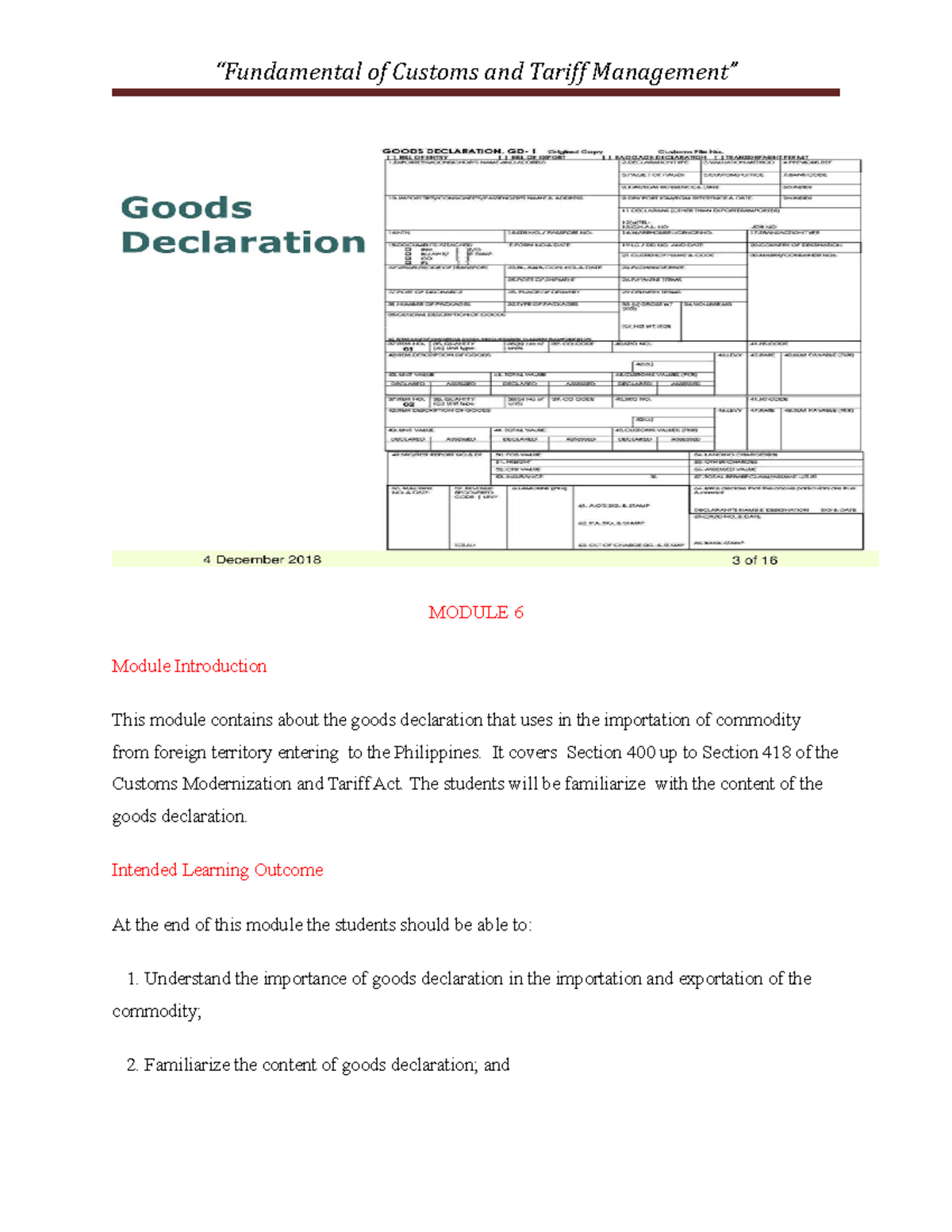 Fundamentals of Custom and Tariff Module 6 MODULE 6 Module