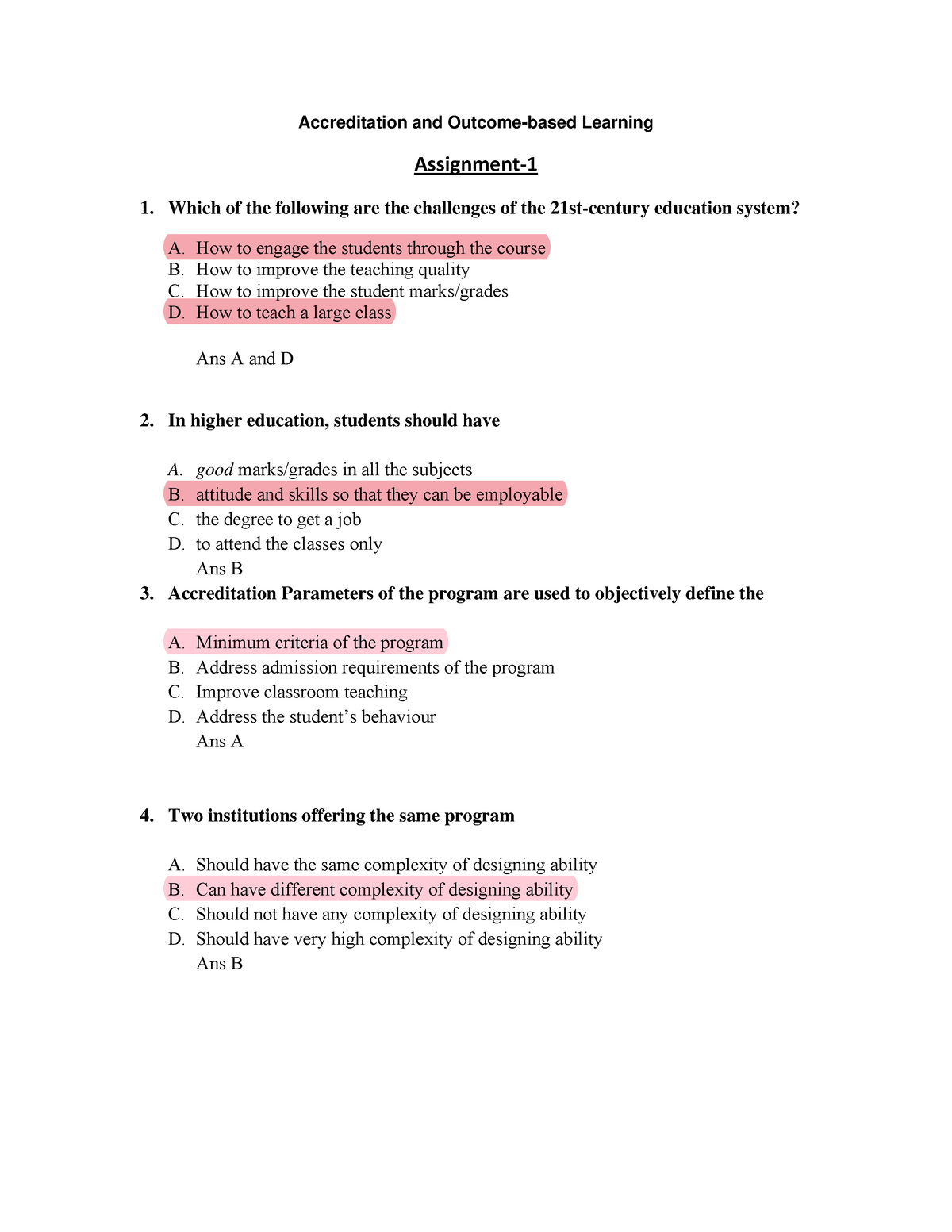 accreditation and outcome based learning nptel assignment 5 answers