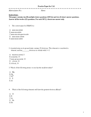 CA1 Practice paper - Practice Paper for CA Matriculation No.: Name ...