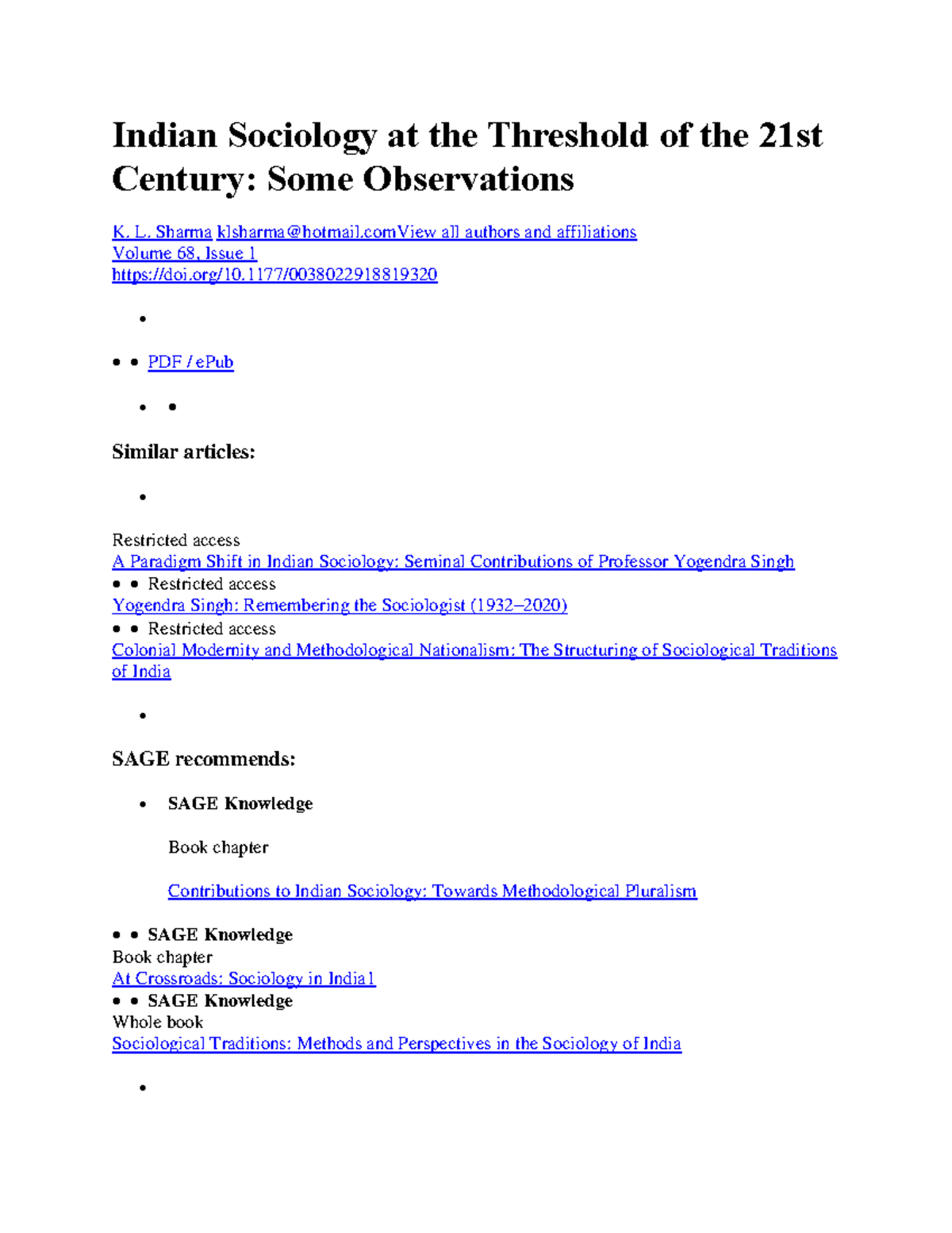 Indian Sociology at the Threshold of the 21st Century L. Sharma