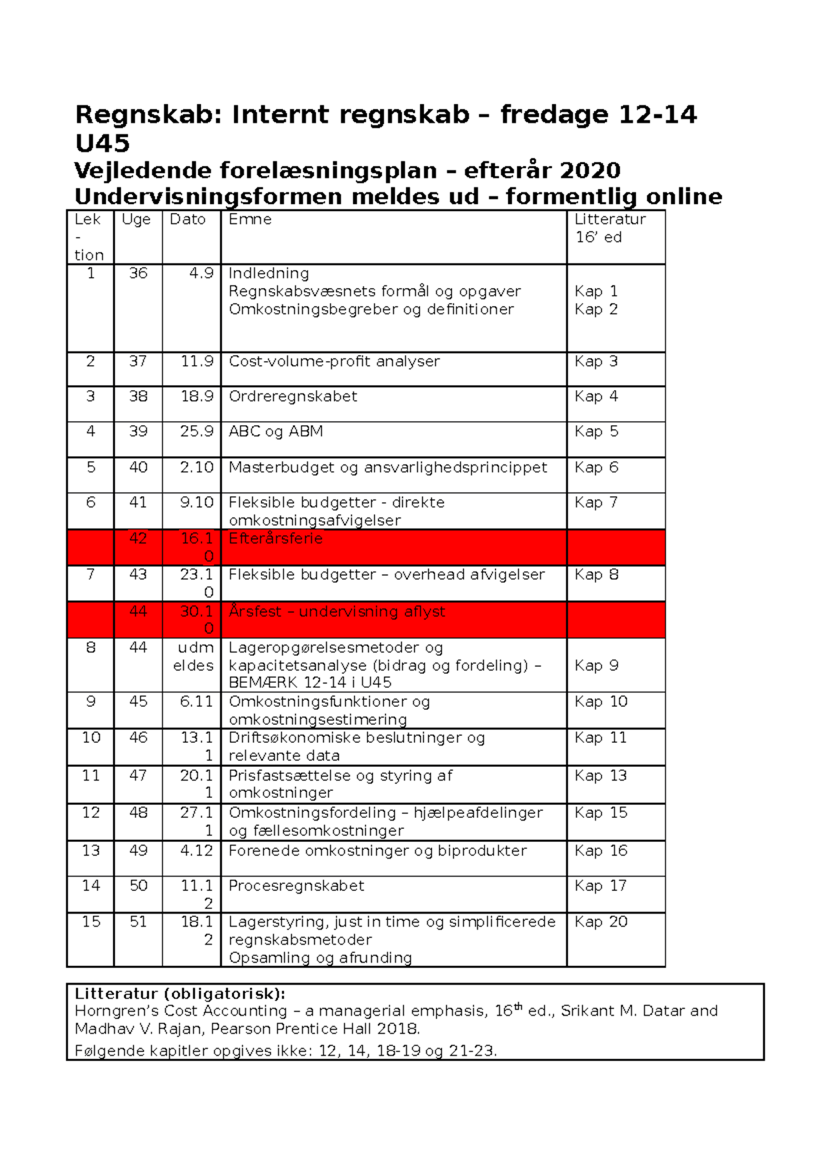 Forelæsningsplan - Intern Regnskab - Regnskab: Internt Regnskab ...