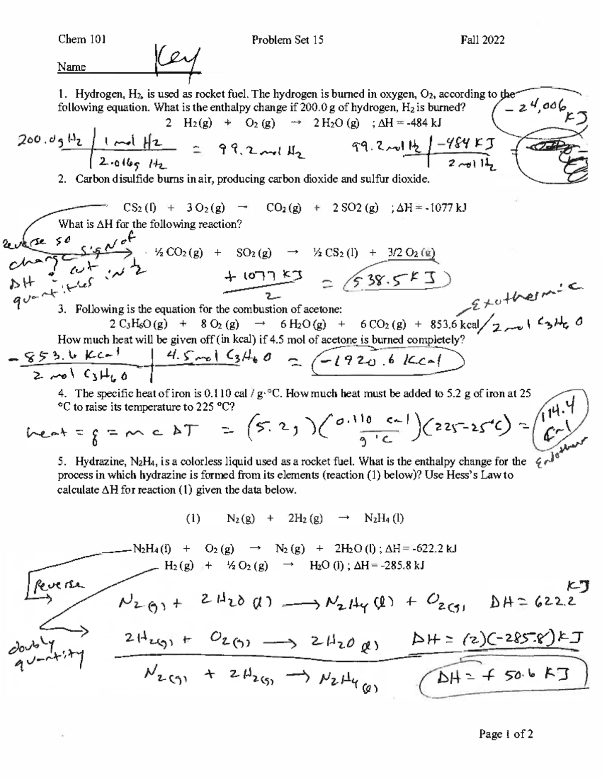 General Chemistry 1 Week 15 Practice Problems Answer Key - Chem 101 ...