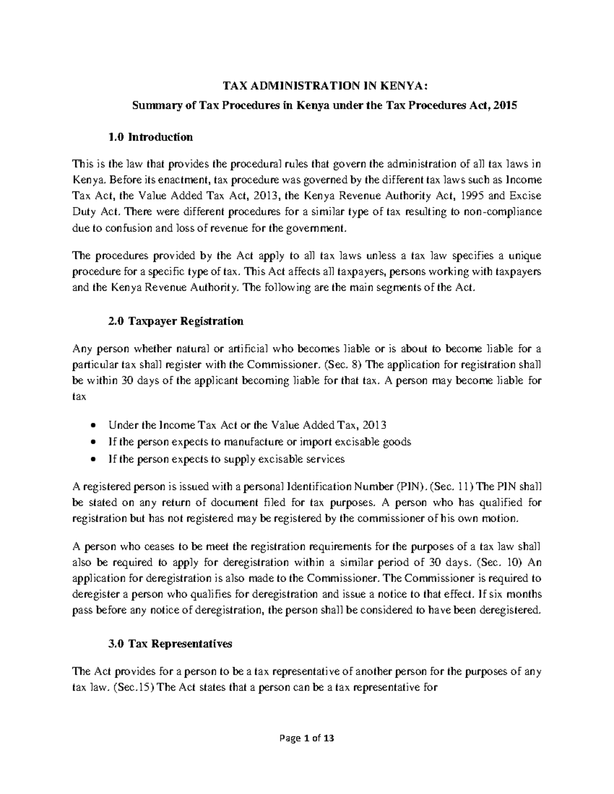 Tax Administration in Kenya TAX ADMINISTRATION IN KENYA Summary of