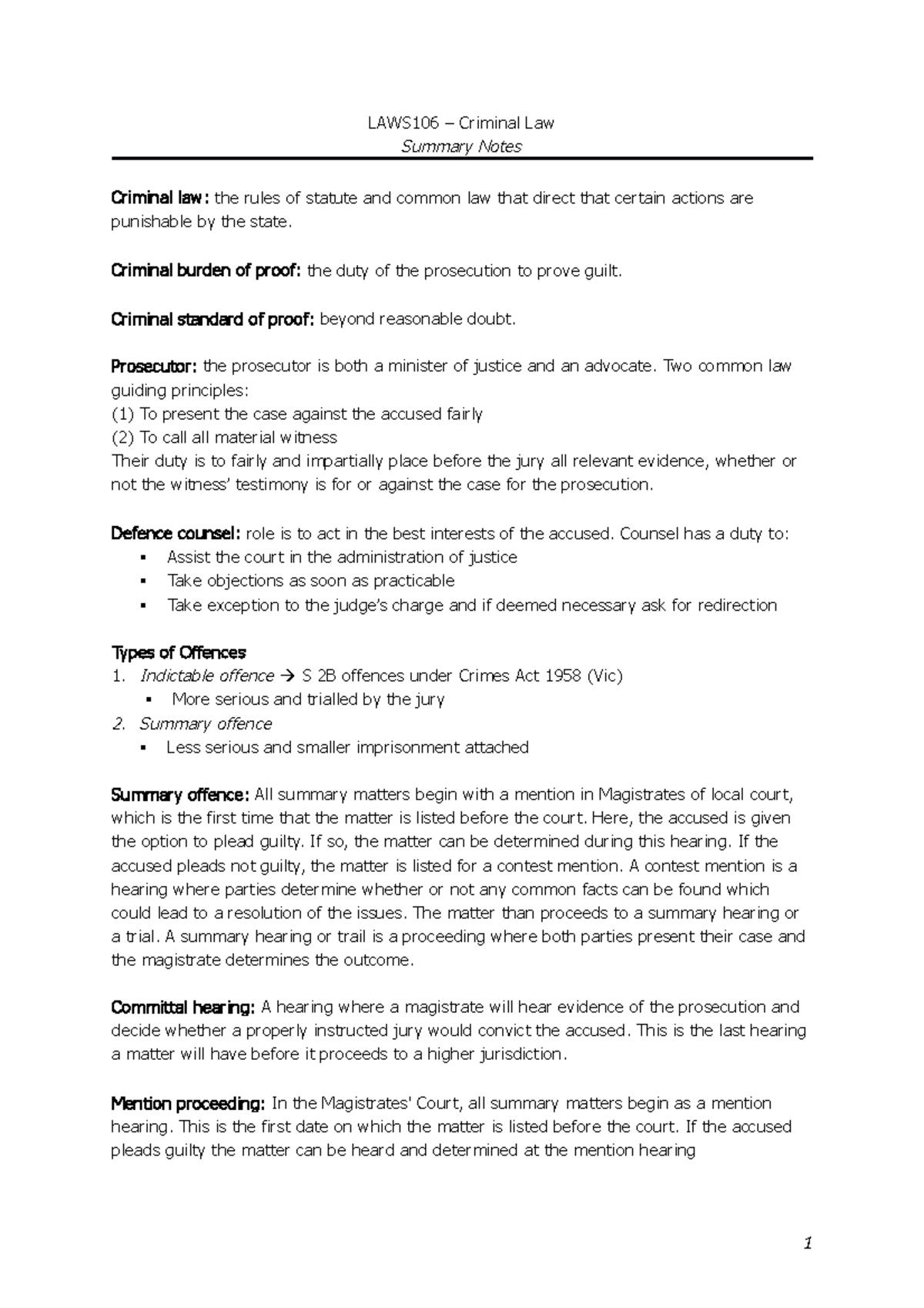 Lecture Notes, Lectures 1-12 - LAWS106 – Criminal Law Summary Notes ...