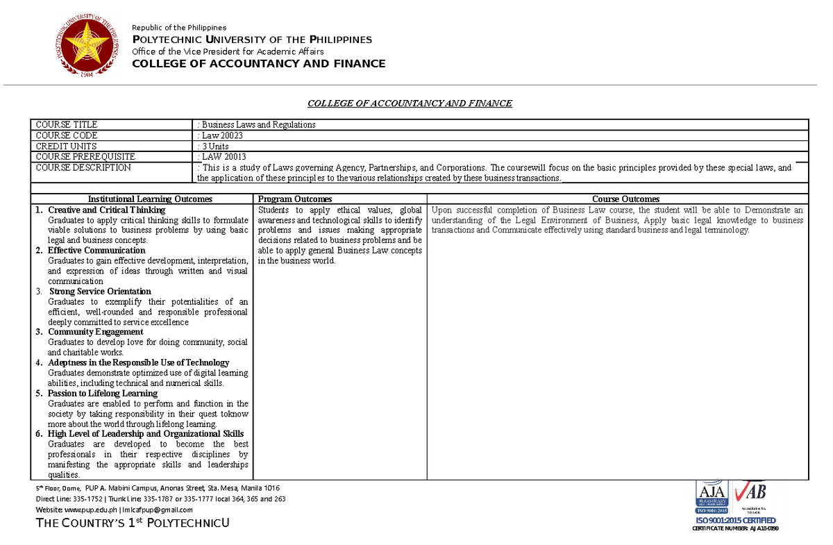 Syllabus Business Law and Regulation 1 1 Republic of the Philippines