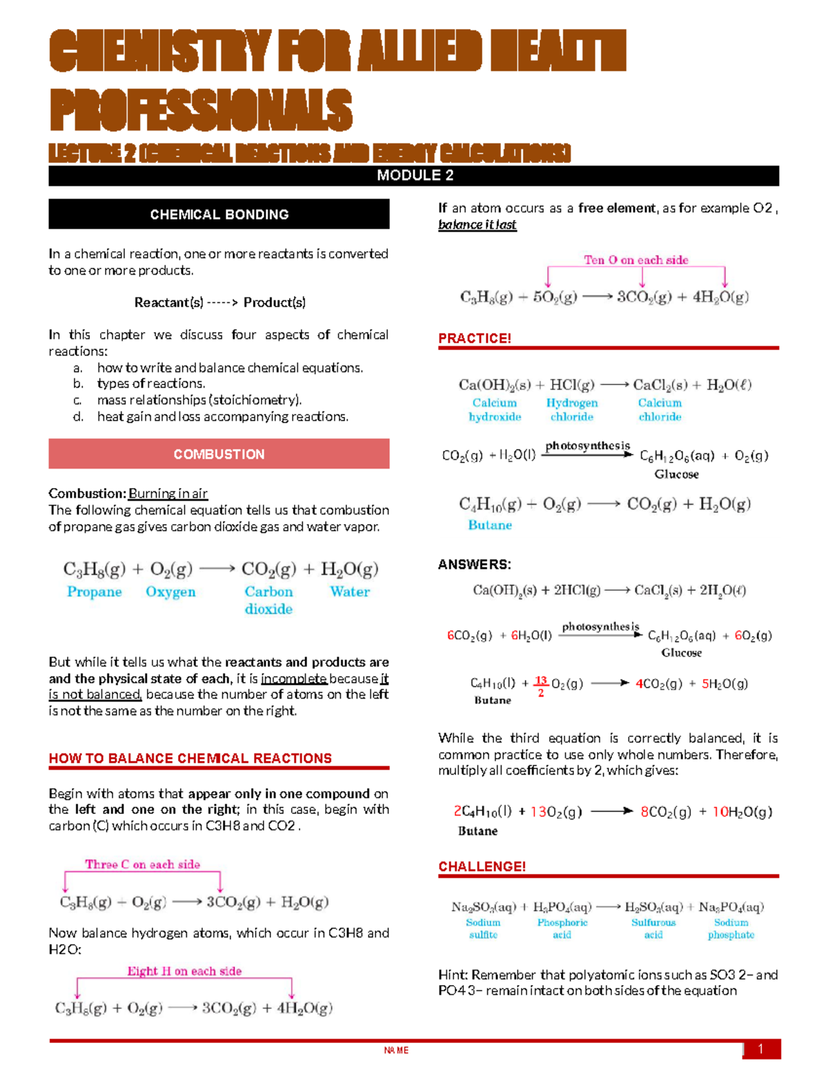 Module 2 This is for Chemical Reactions CHEMISTRY FOR ALLIED HEALTH