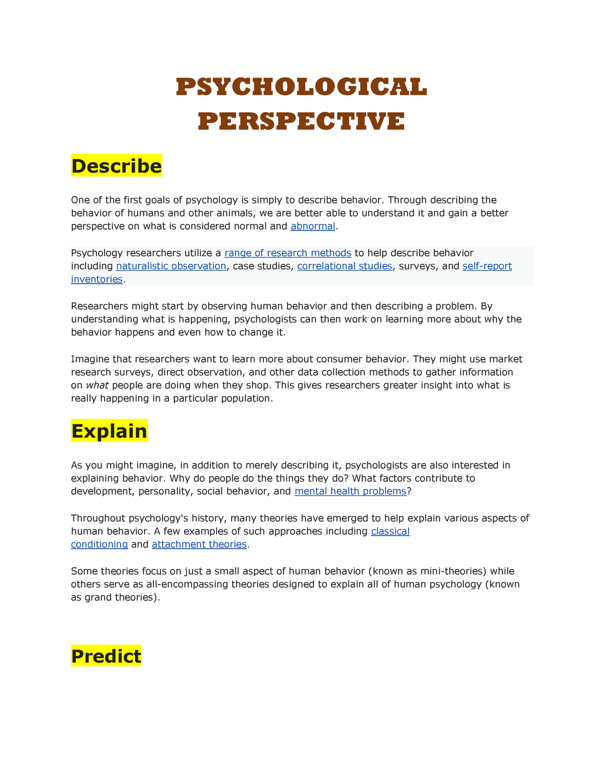 Psychological Perspective Notes Copy Psychological Perspective Describe One Of The First Goals Studocu