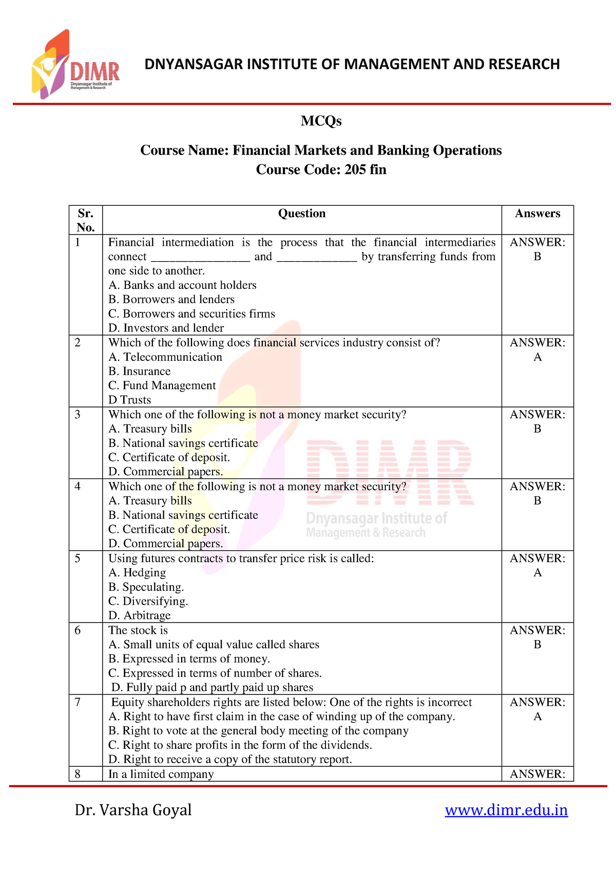 205 Financial Markets And Banking Operations-MCQ 1 - MCQs Course Name ...