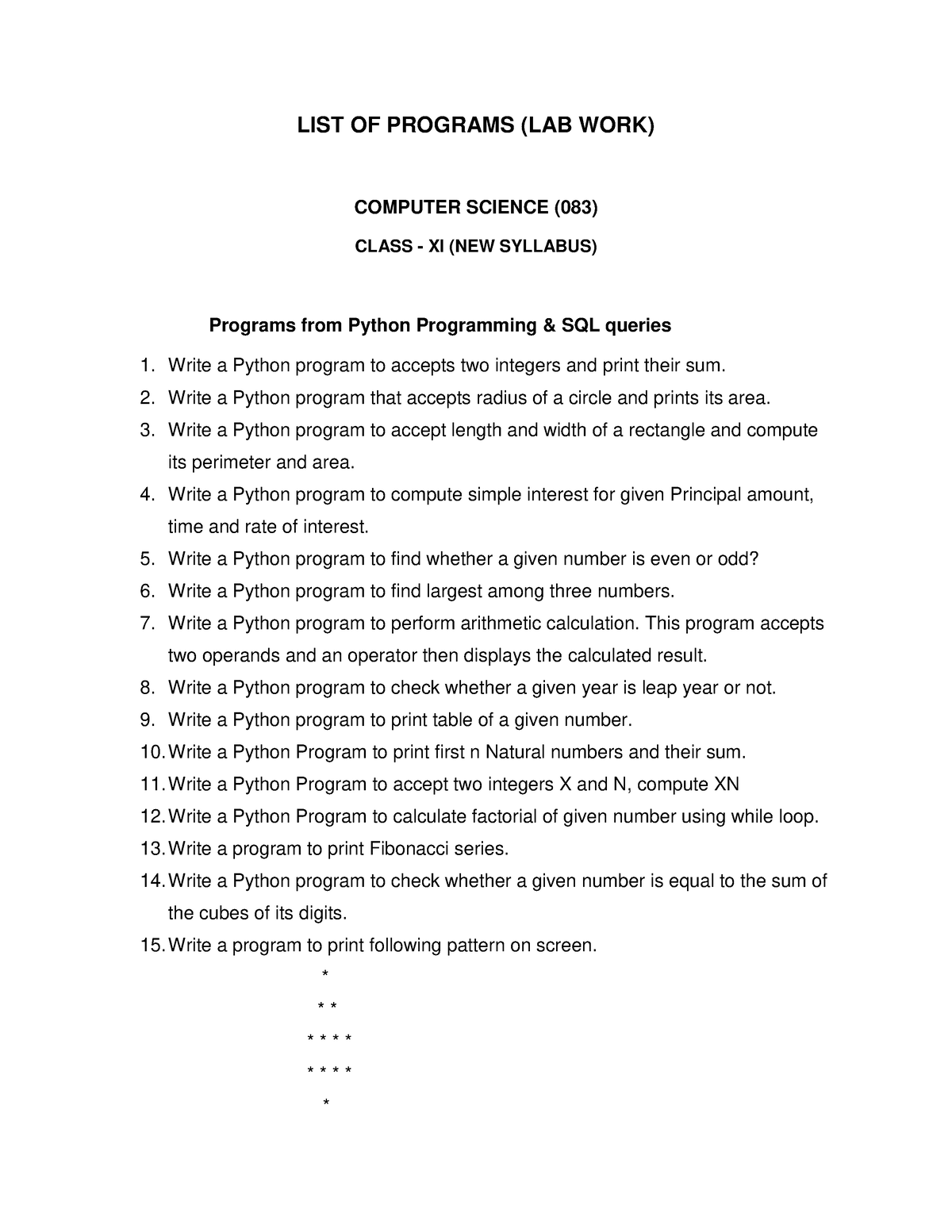 11 Sci CS Practicals - LIST OF PROGRAMS (LAB WORK) COMPUTER SCIENCE ...