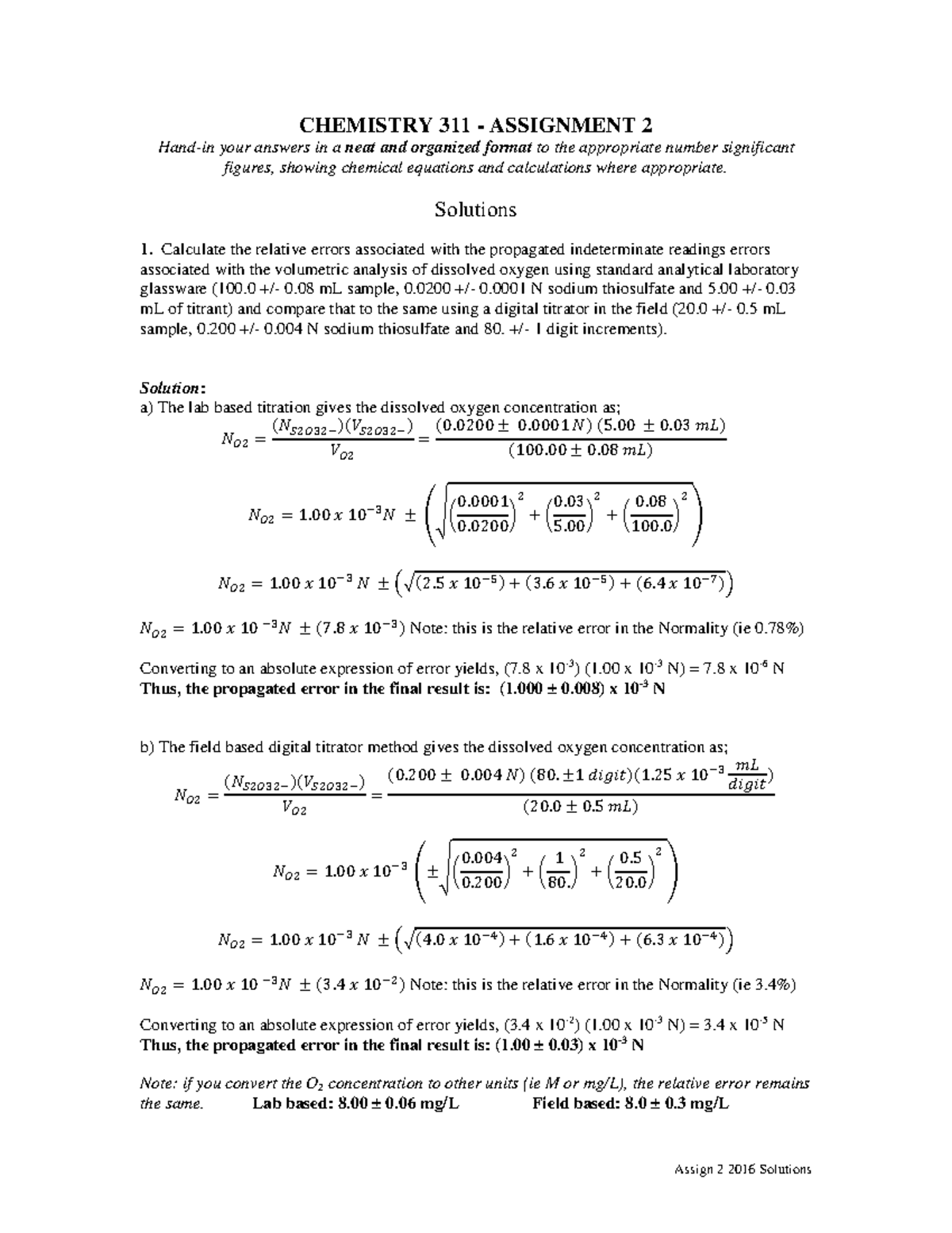 Assign 2 2016 solutions - CHEMISTRY 311 - ASSIGNMENT 2 Hand-in your ...