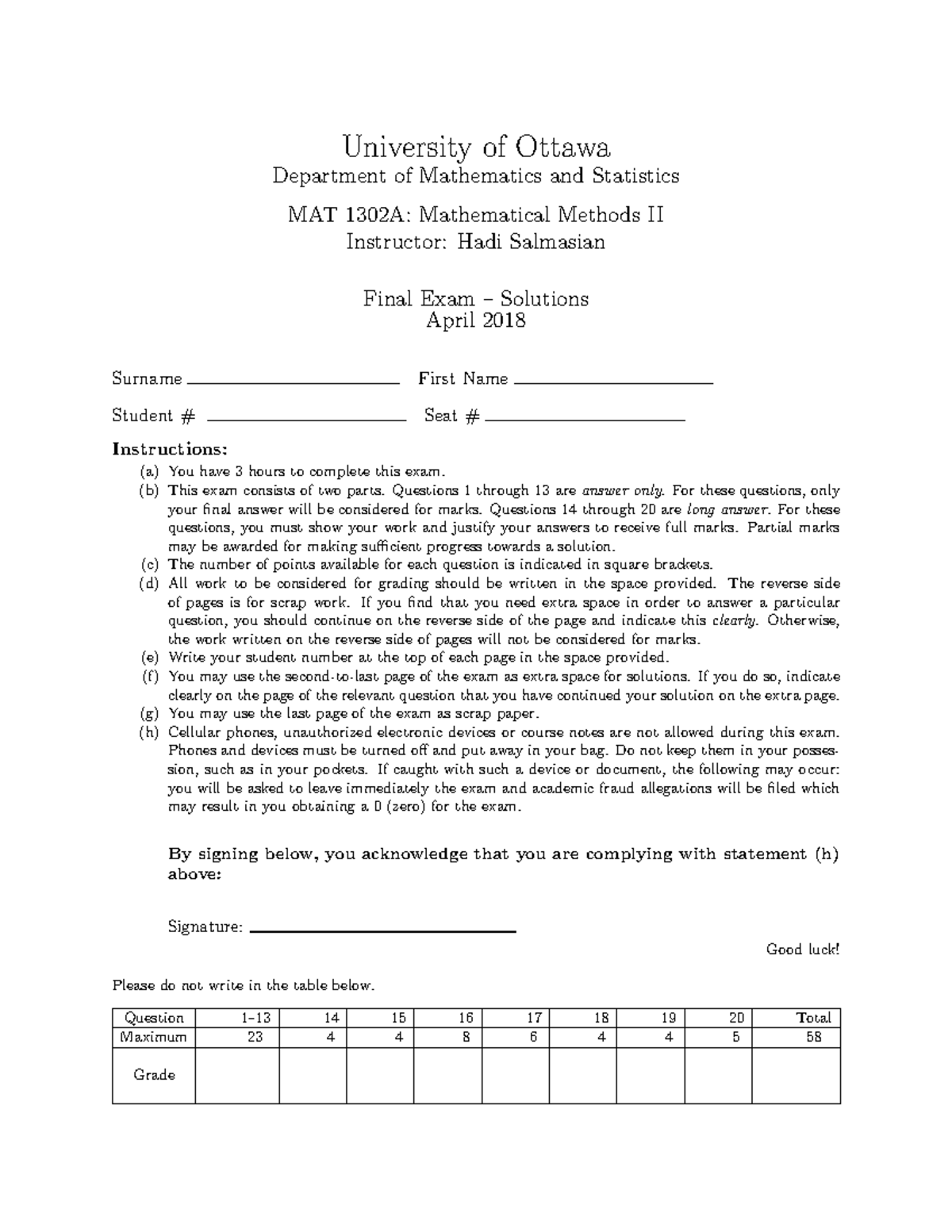 Mat1302 2018 W final solutions - University of Ottawa Department of ...
