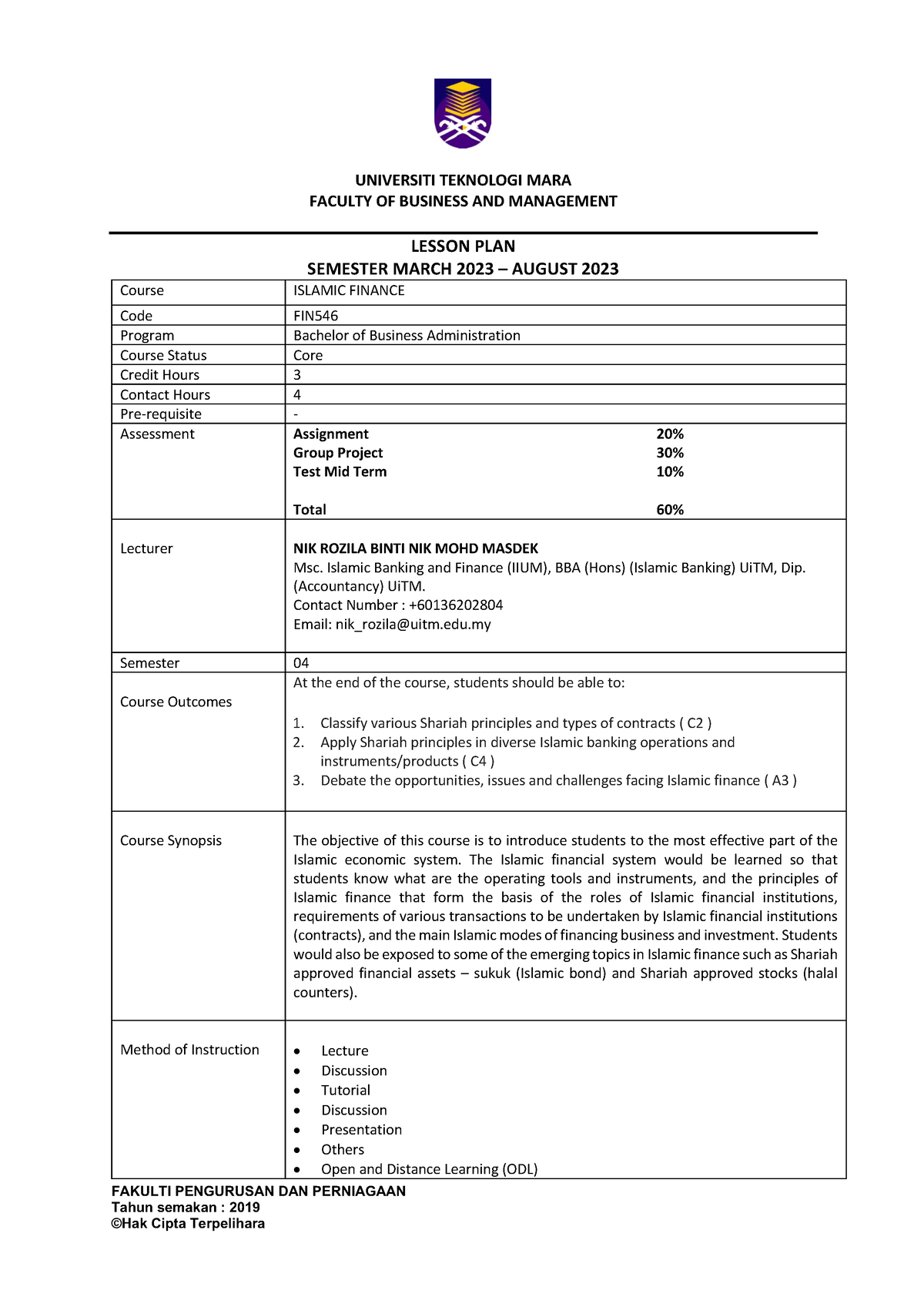 Lesson PLAN FIN546 March 2023 - August 2023 - FAKULTI PENGURUSAN DAN ...