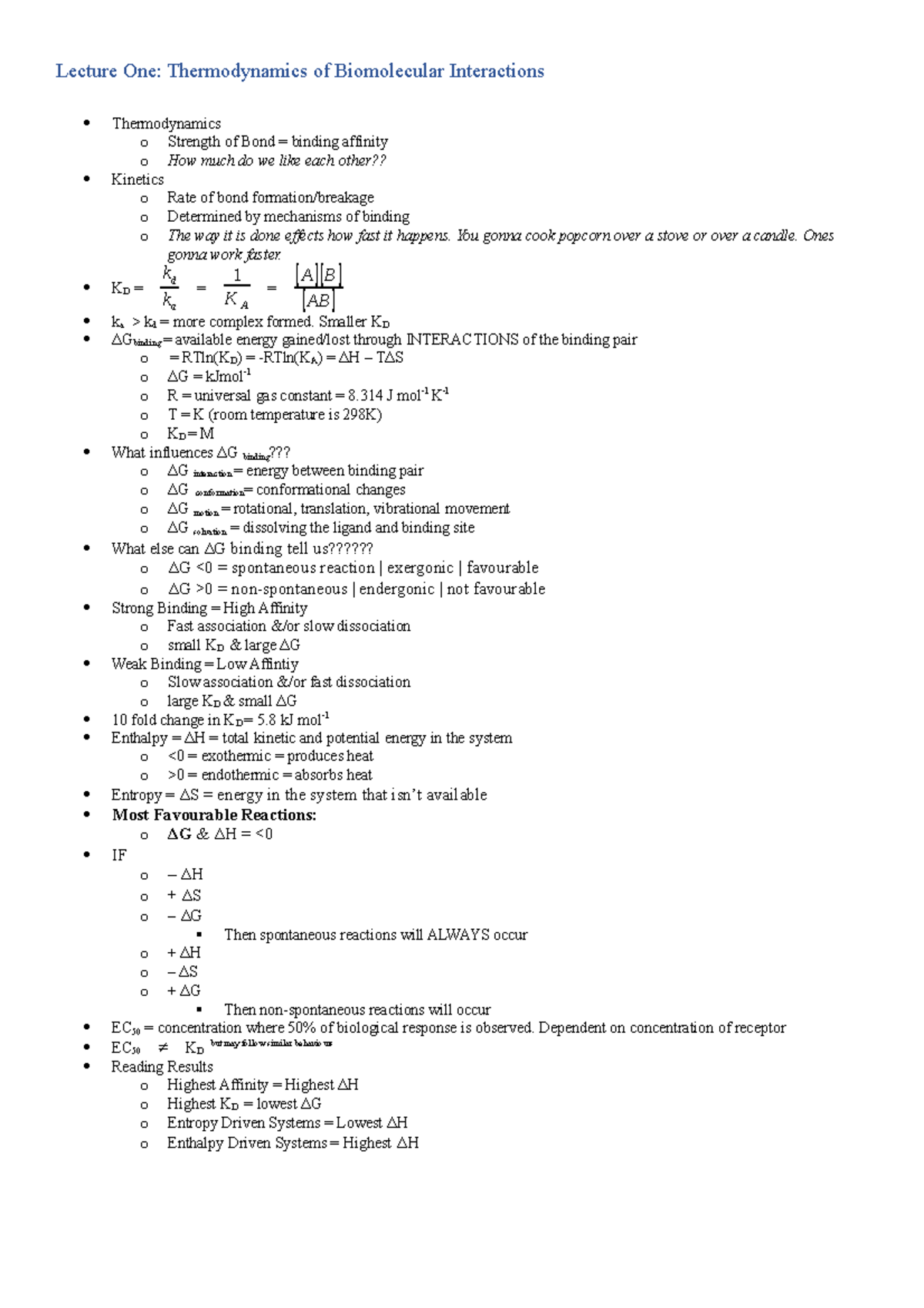 Every-Lecture-Summary - Lecture One: Thermodynamics of Biomolecular ...