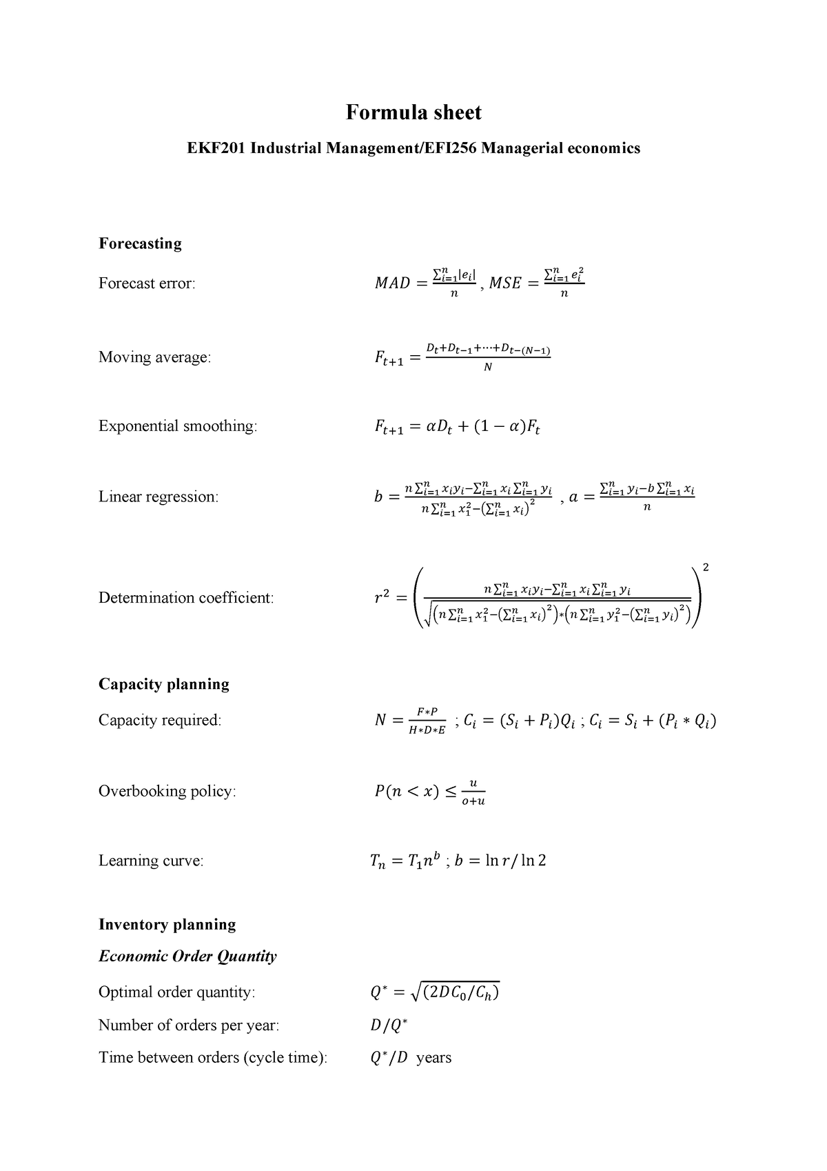 Formula Sheet - Formelblad - Formula Sheet EKF201 Industrial Management ...