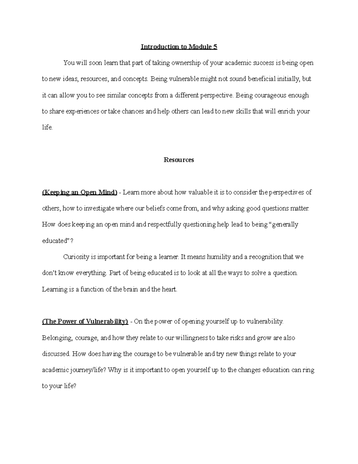 SNHU-107 Notes for Module 5 - Introduction to Module 5 You will soon ...