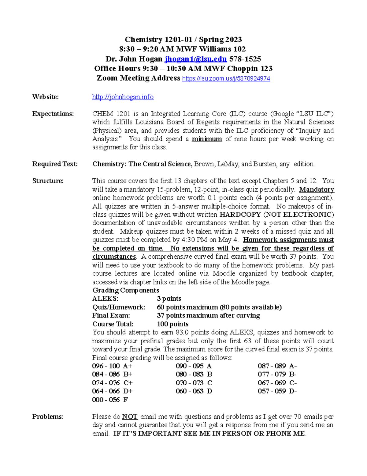 Syllabus 01 Chemistry 120101 / Spring 2023 830 920 AM MWF