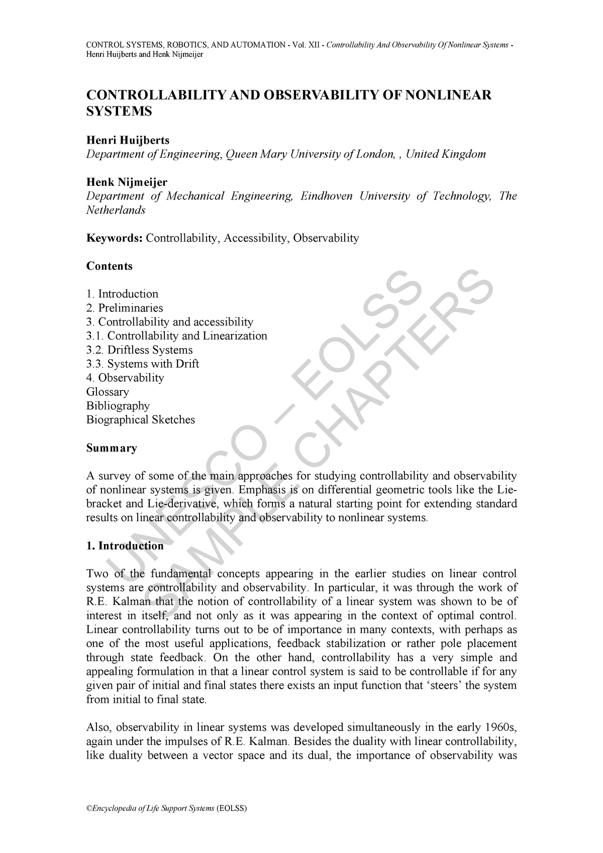 Controllability Of Non-linear Systems - UNESCO – EOLSS SAMPLE CHAPTERS ...