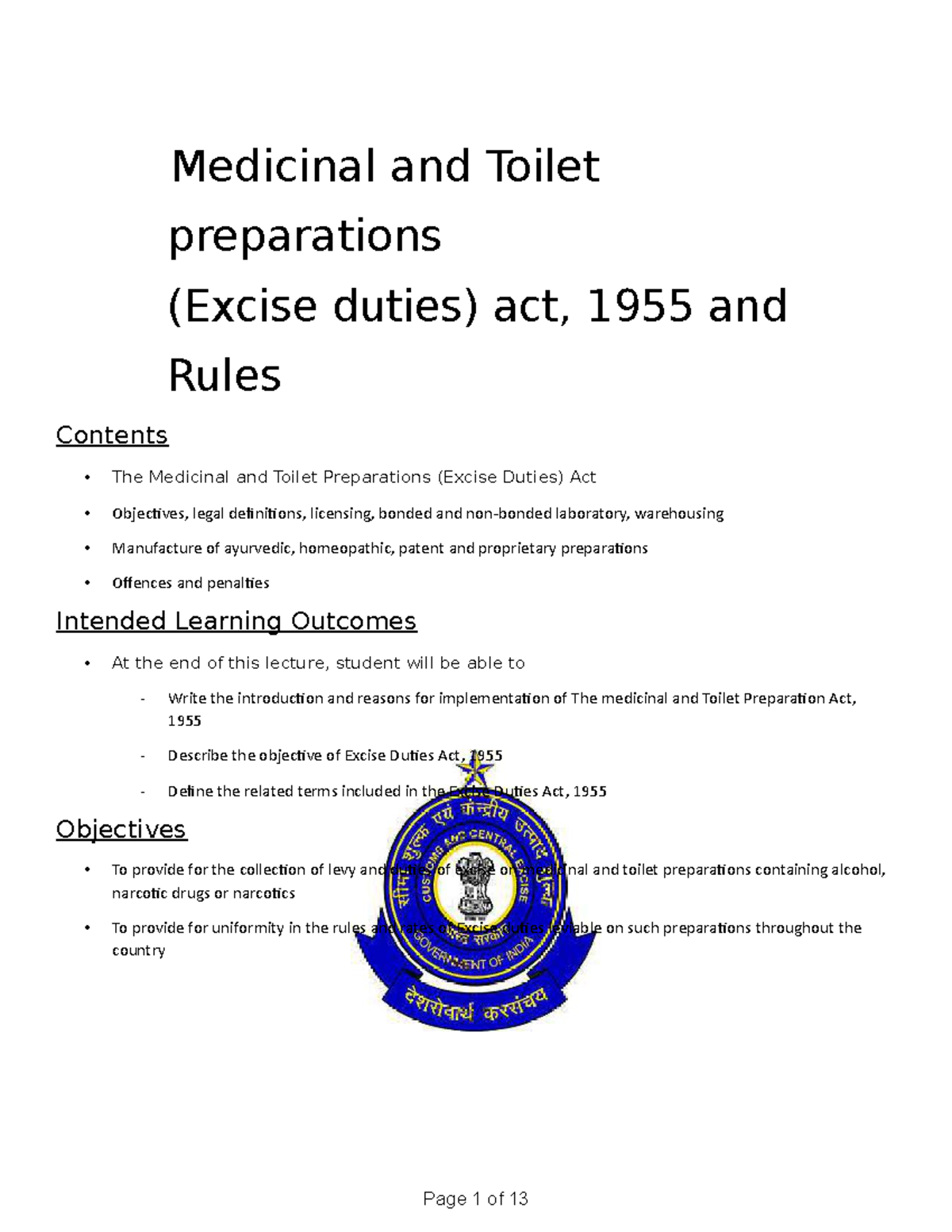 Chapter 3 Medicinal and Toilet preparations (Excise duties) act, 1955