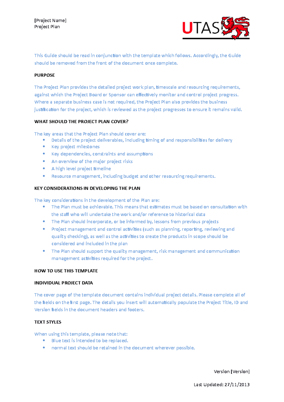 Project Plan Template and Guide - [Project Name] Project Plan This ...