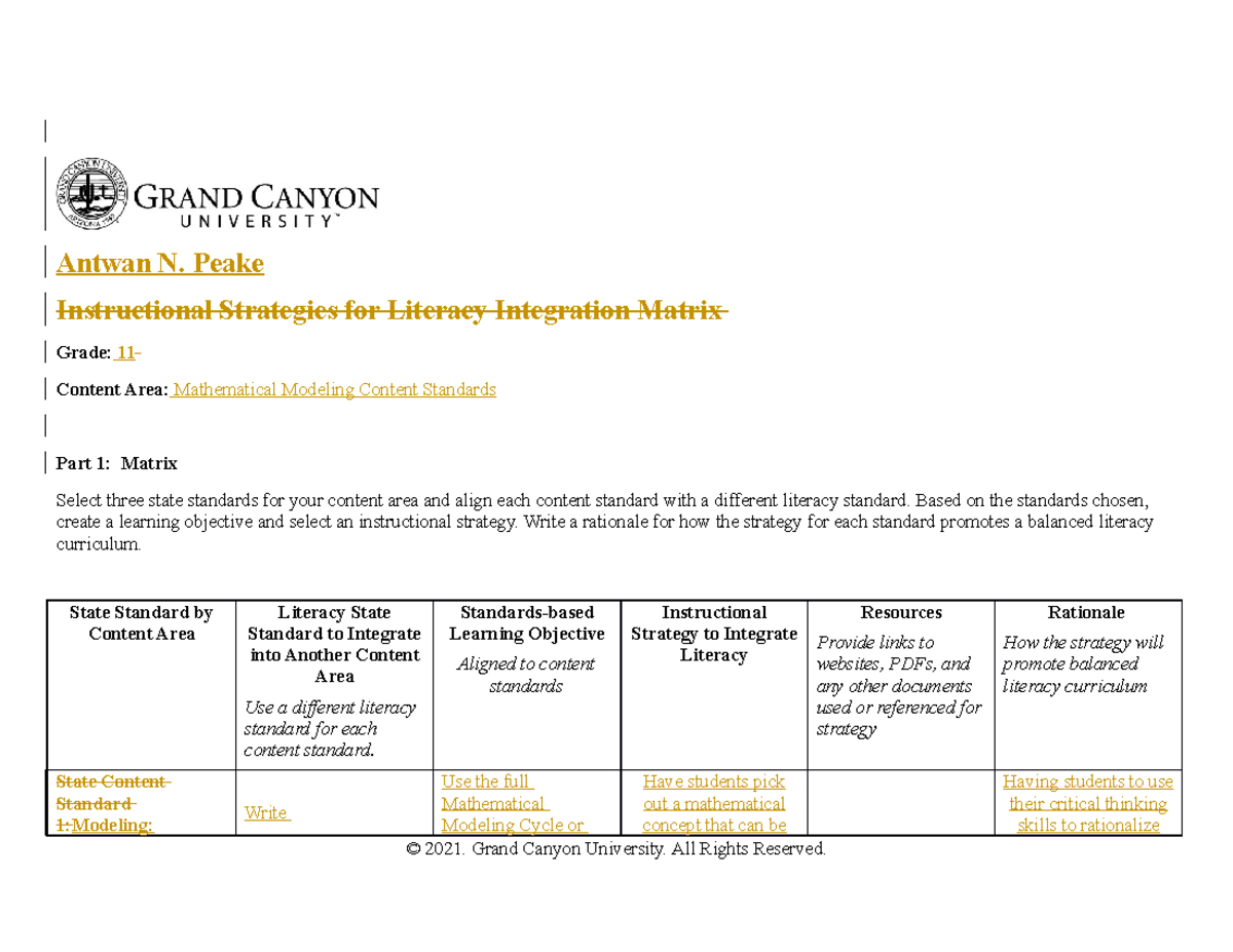 SEC 540 T3 Literacy Strategy Matrix - Antwan N. Peake Instructional ...