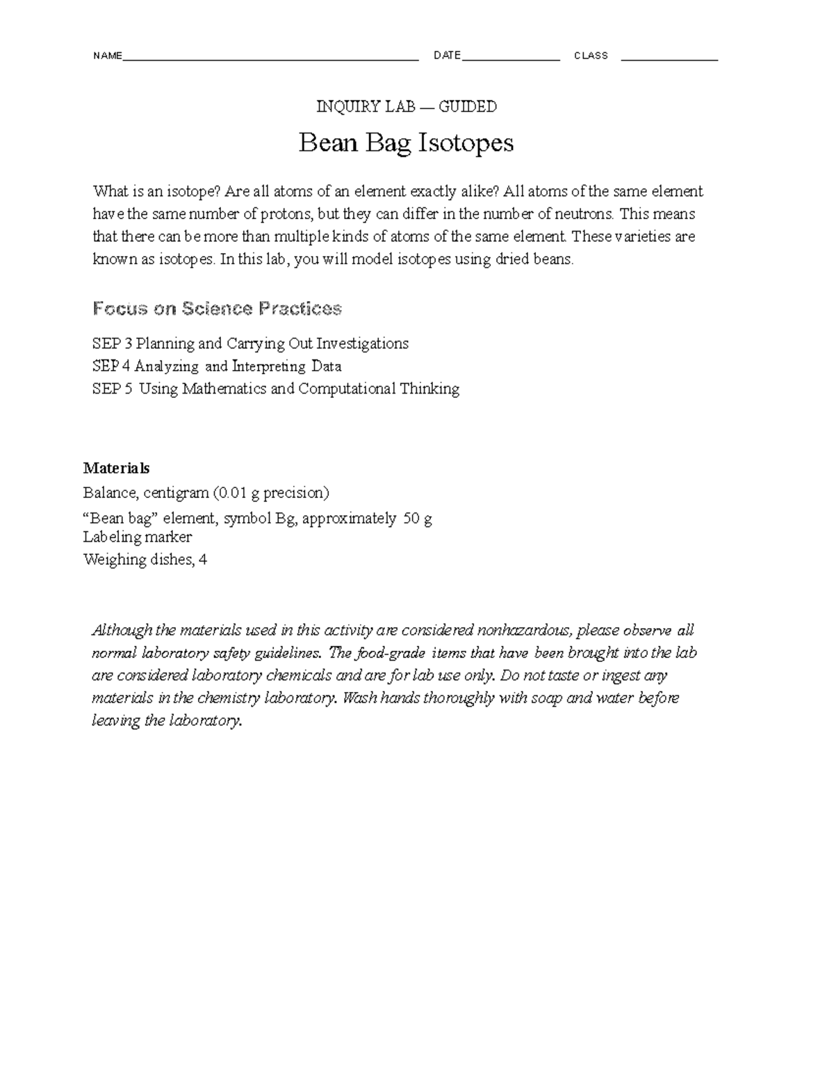 Beanbagisotopes INQUIRY LAB — GUIDED Bean Bag Isotopes What is an