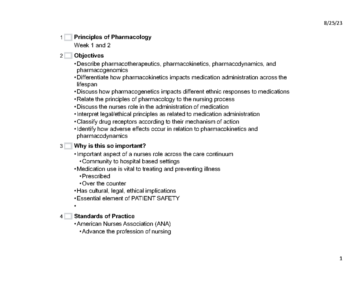 Unit 1 Principles Of Pharmacology - 8/25/ 1 Principles Of Pharmacology ...