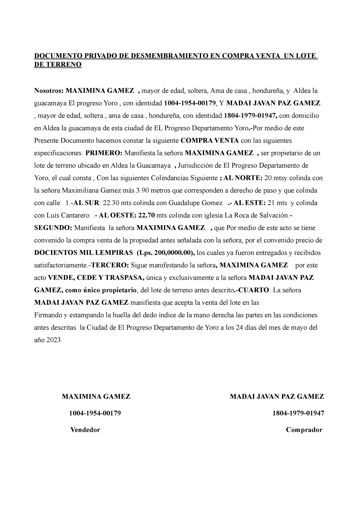 Documento Privado De Compra Venta De Un Lote De Terreno Madai Y Maximiliana Documento Privado 1196