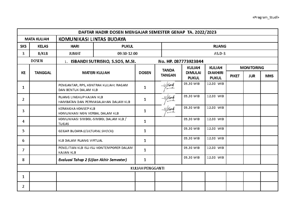 Presensi Dosen KLB B 2023 - «Program_Studi» DAFTAR HADIR DOSEN MENGAJAR ...