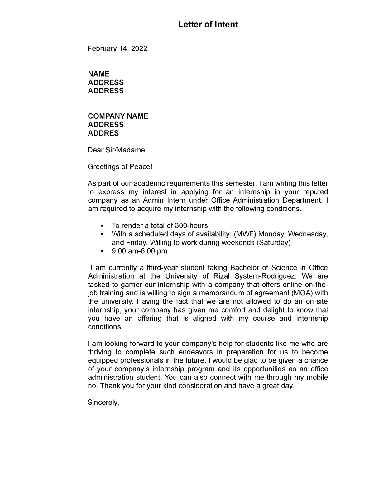 Letter of Intent for Internship Letter of Intent February 14, 2022