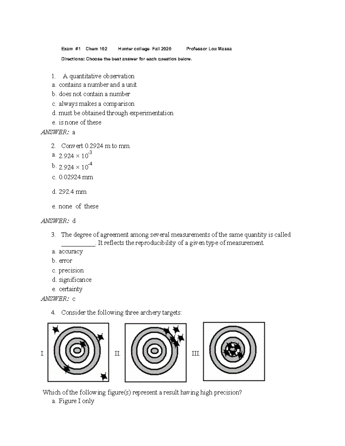 Exam 1 Chem 102 - Exam #1 Chem 102 Hunter college Fall 2020 Professor ...
