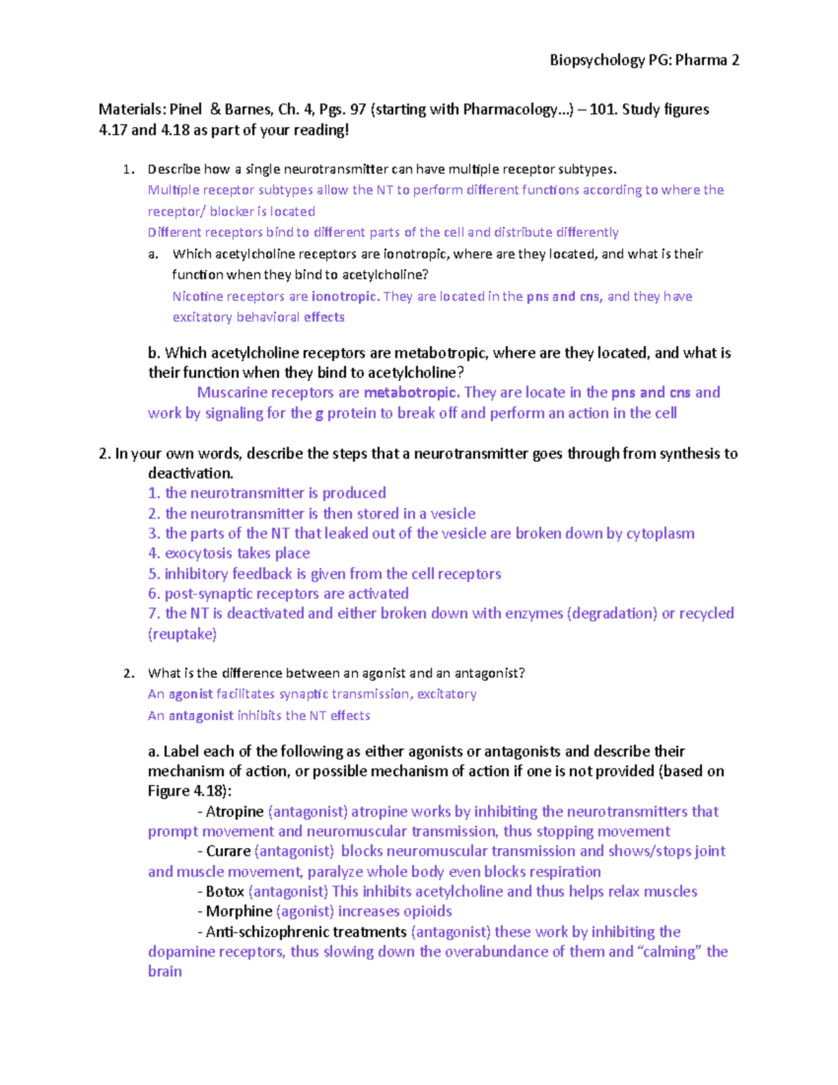 Pharma 2 - biopsych prep guide - Biopsychology PG: Pharma 2 Materials ...