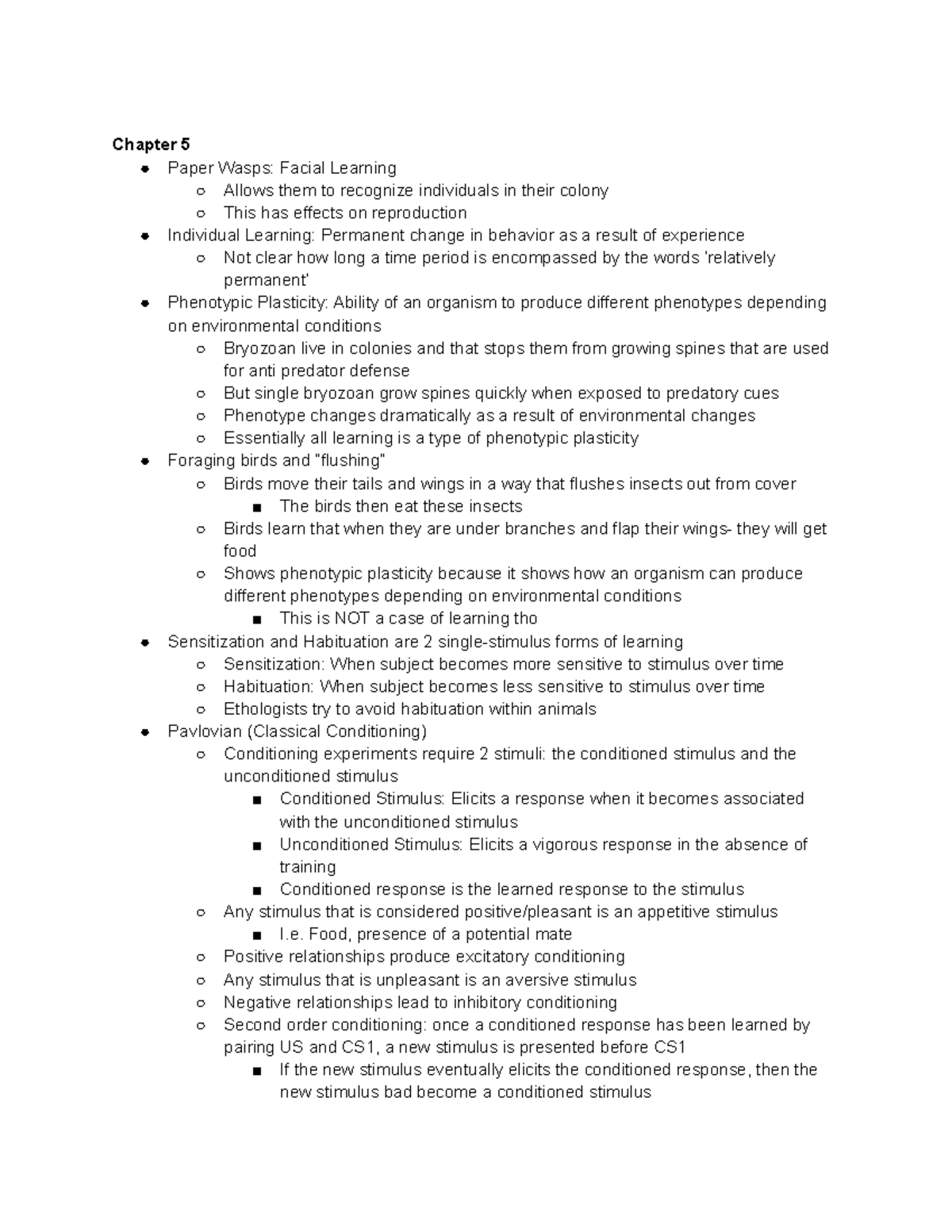 E&B Last - Summary Evolution And Behavior - Chapter 5 Paper Wasps ...