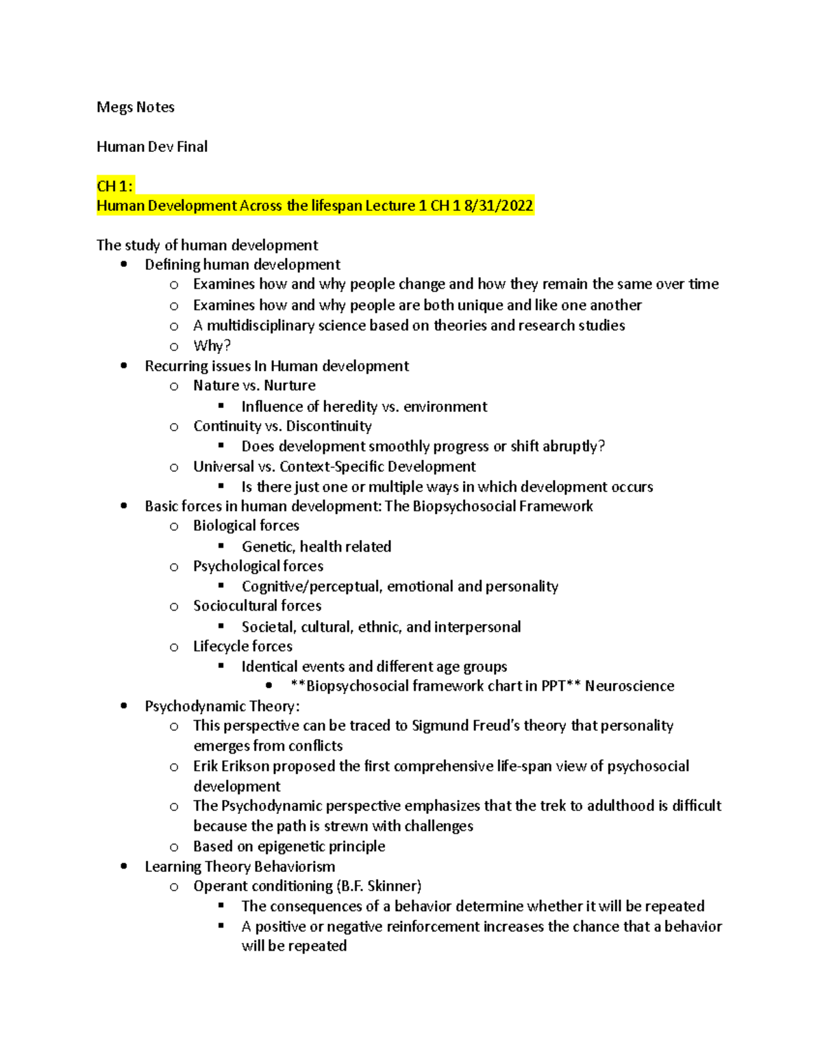 Human Dev Final exam - Megs Notes Human Dev Final CH 1: Human ...
