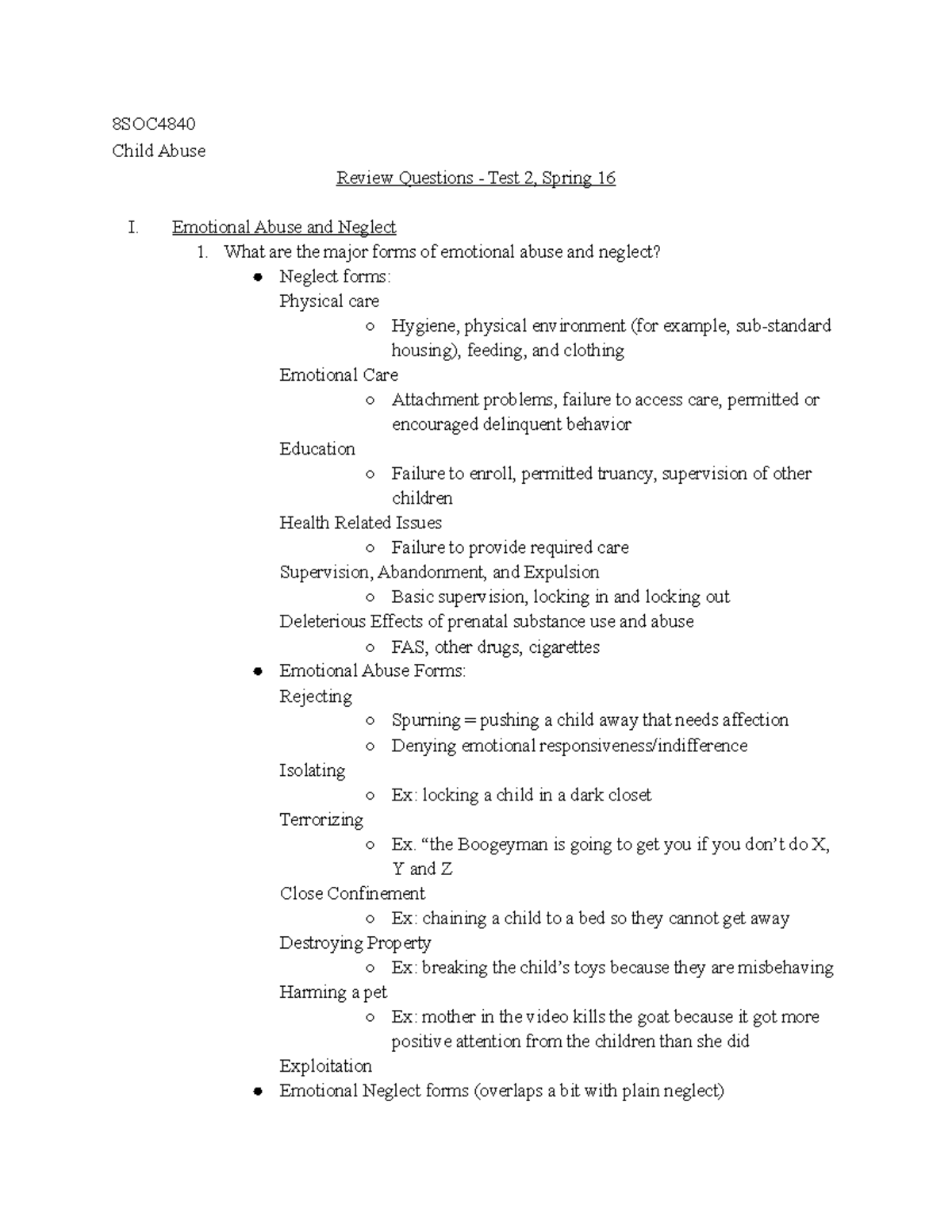 SOC4840 Exam 2 Study Guide - 8SOC Child Abuse Review Questions - Test 2 ...