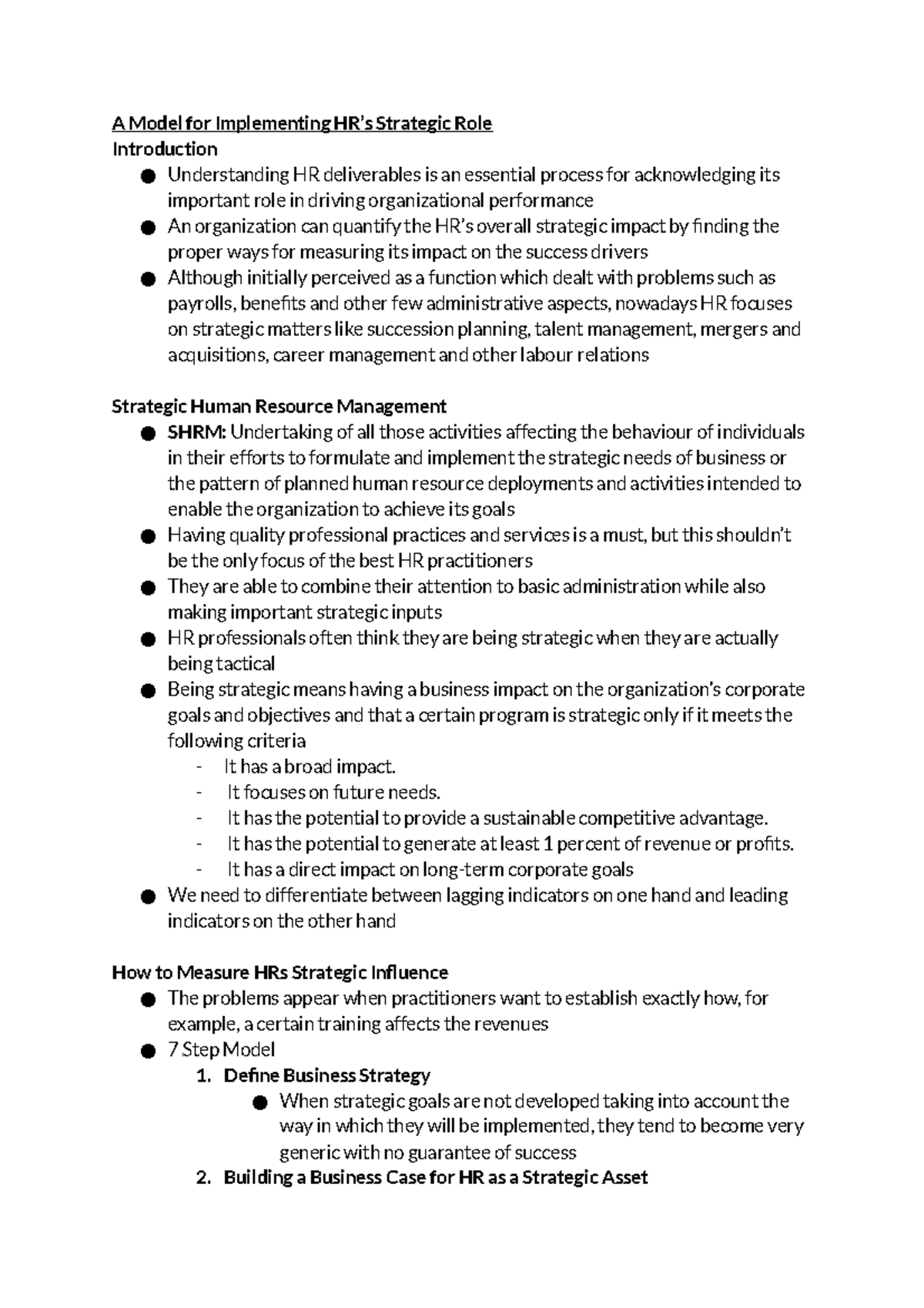 Strategic HRM - Week 5 - A Model for Implementing HR’s Strategic Role ...