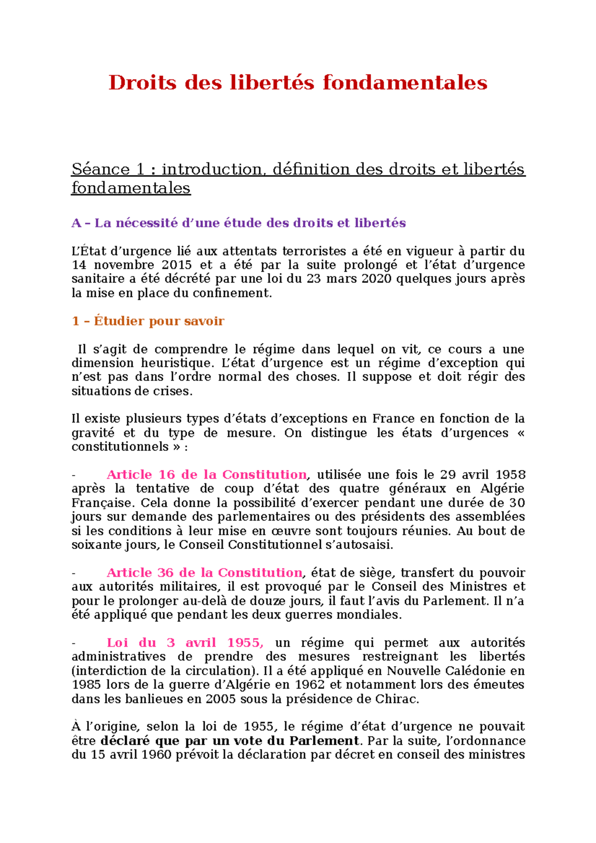 état D Urgence Et Libertés Fondamentales Dissertation Droit des libertés fondamentales - Droits des libertés fondamentales Séance  1 : introduction, - Studocu