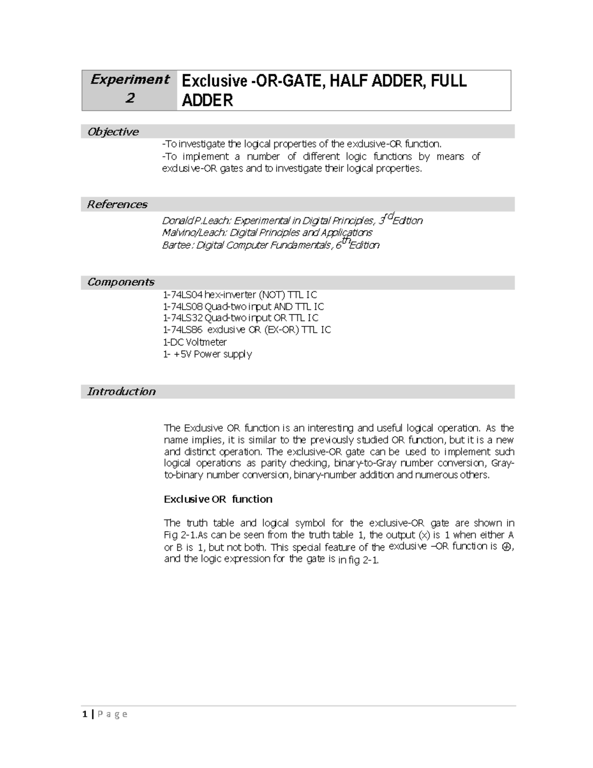 Full adder and half adder - Experiment 2 Exclusive -OR-GATE, HALF ADDER ...