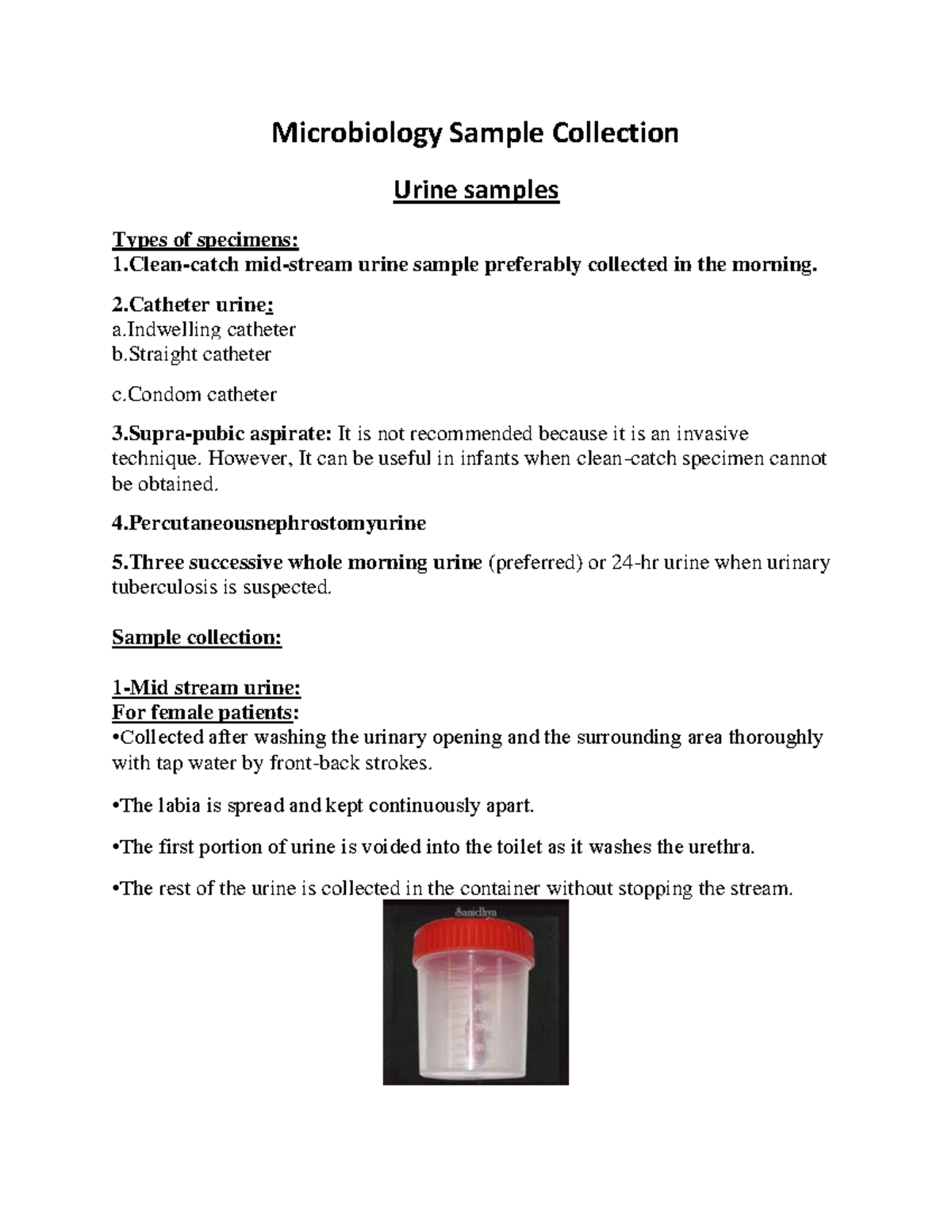 Microbiology Sample Collection 2 urine a catheter b catheter c