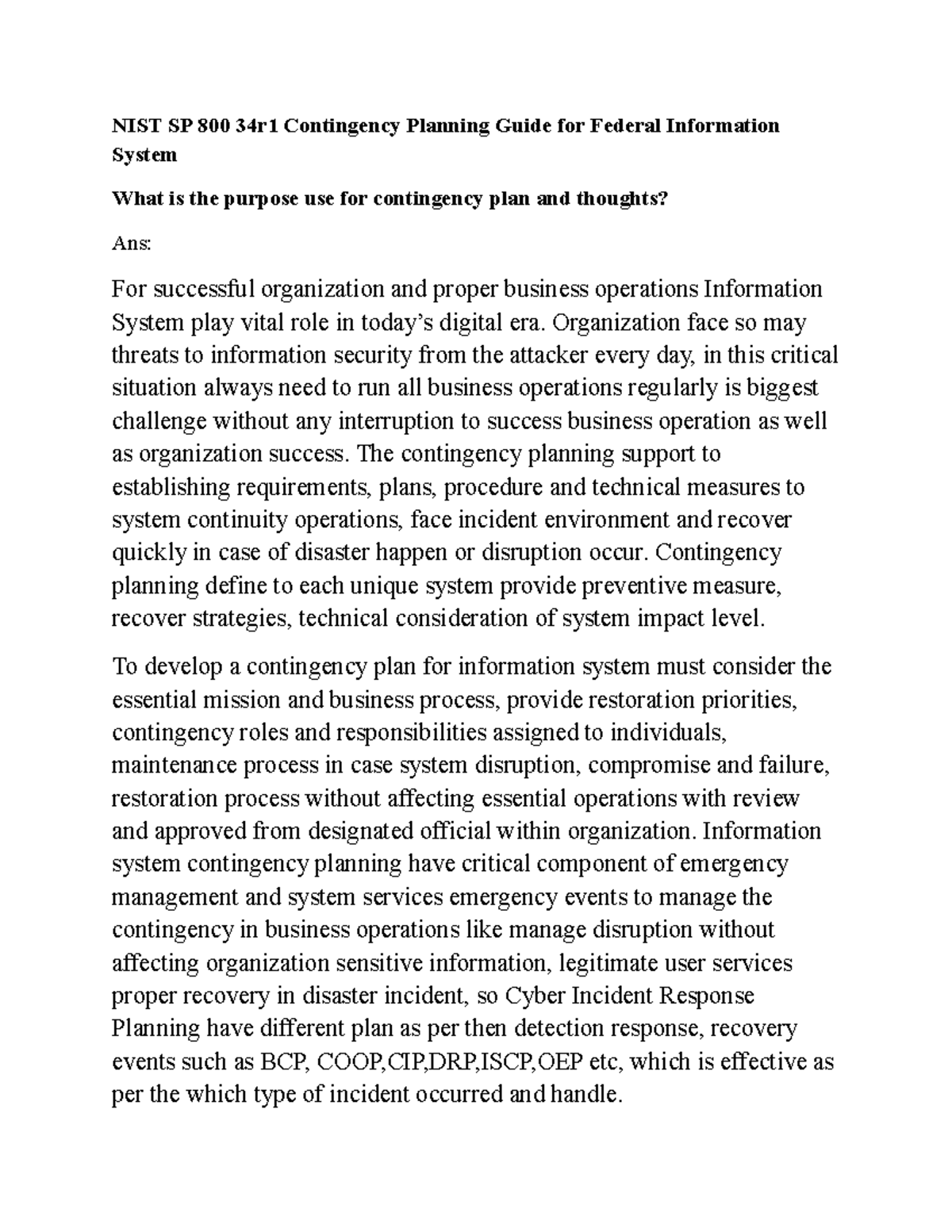 2. contingency plan and thoughts NIST SP 800 34r1 Contingency